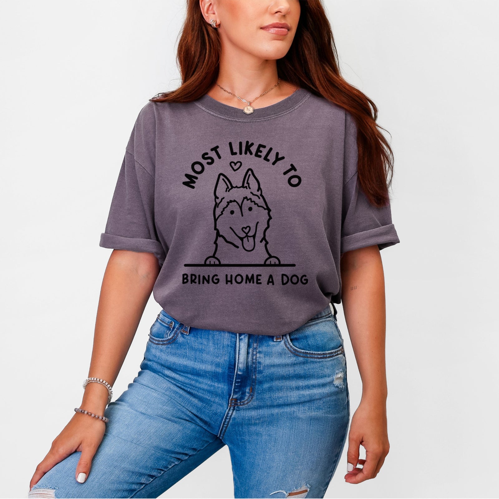 Most Likely to Bring Home a Dog - Siberian Husky - Unisex Comfort Colors Garment-Dyed Heavyweight T-shirt, worn by model