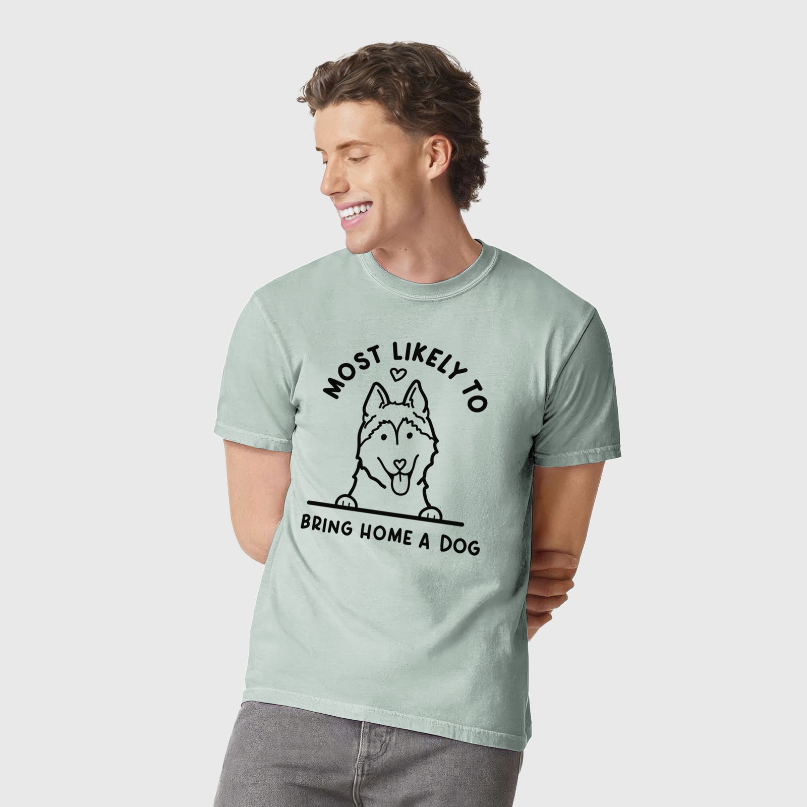 Most Likely to Bring Home a Dog - Siberian Husky - Unisex Comfort Colors Garment-Dyed Heavyweight T-shirt, worn by model