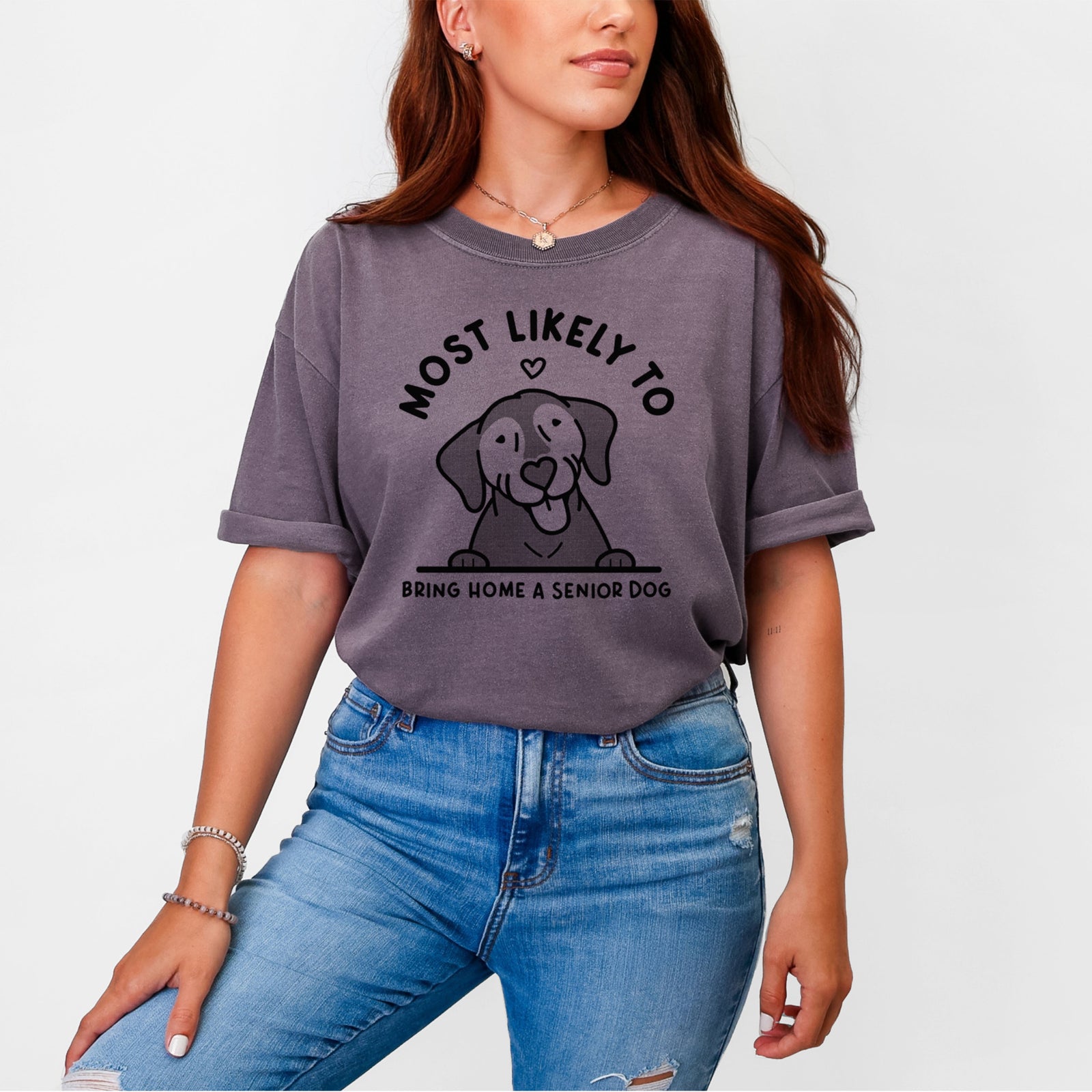 Most Likely to Bring Home a Senior Dog - Unisex Comfort Colors Garment-Dyed Heavyweight T-shirt, worn by model