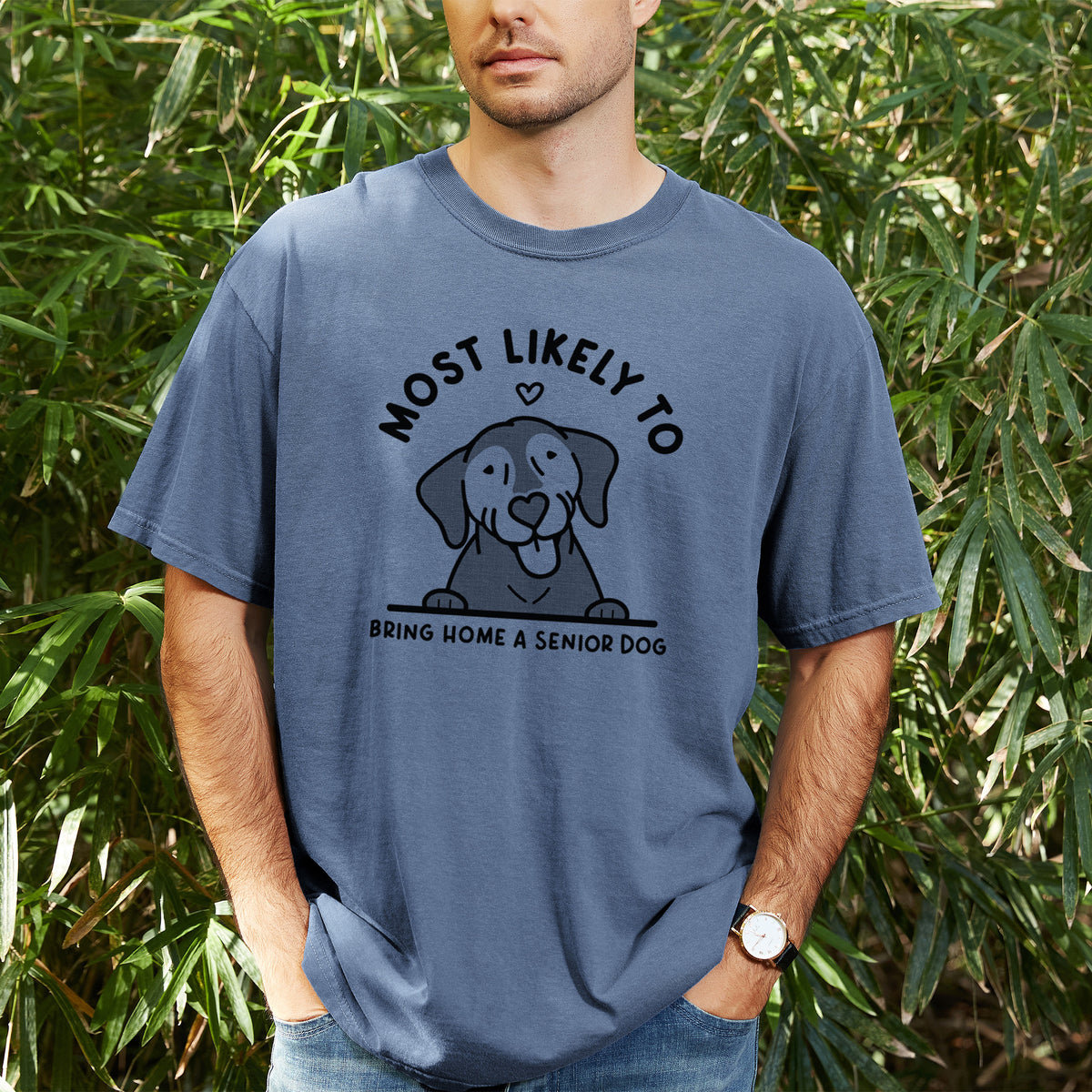 Most Likely to Bring Home a Senior Dog - Unisex Comfort Colors Garment-Dyed Heavyweight T-shirt, worn by model