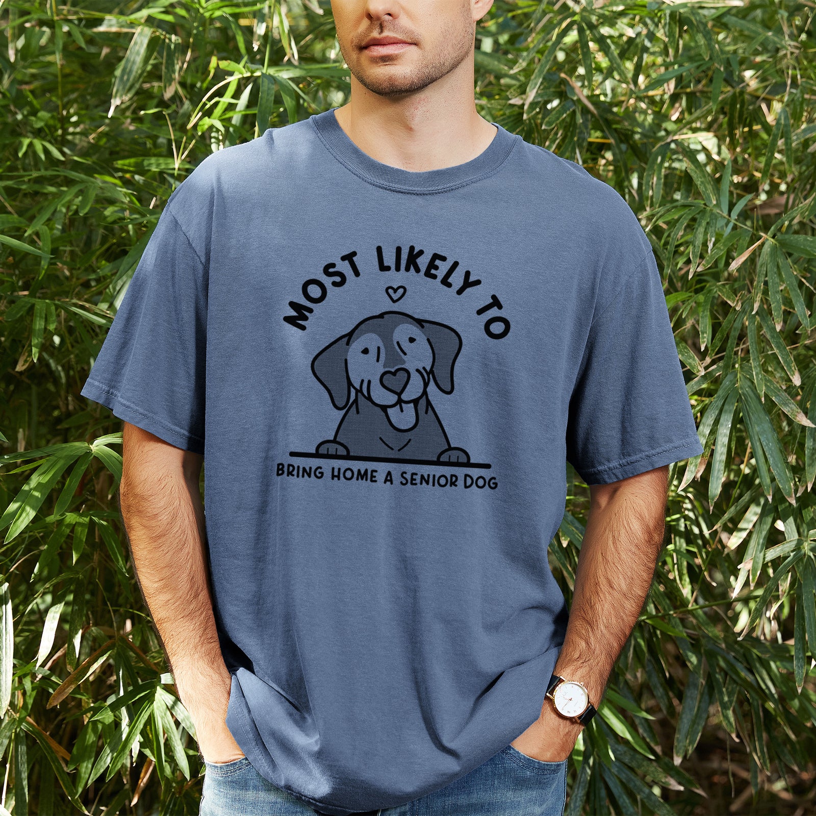 Most Likely to Bring Home a Senior Dog - Unisex Comfort Colors Garment-Dyed Heavyweight T-shirt, worn by model