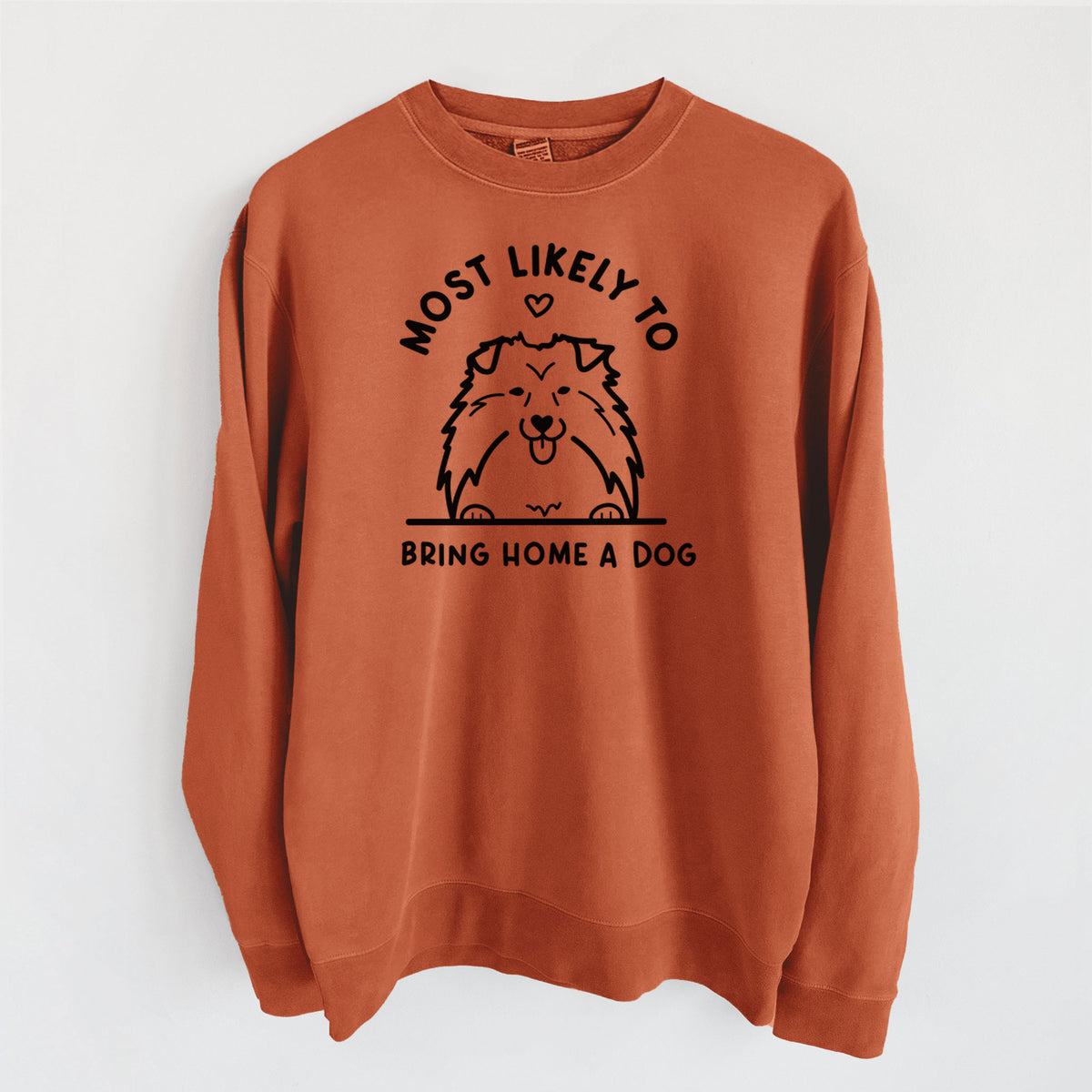 Most Likely to Bring Home a Dog - Shetland Sheepdog - Unisex Pigment Dyed Crew Sweatshirt in Amber