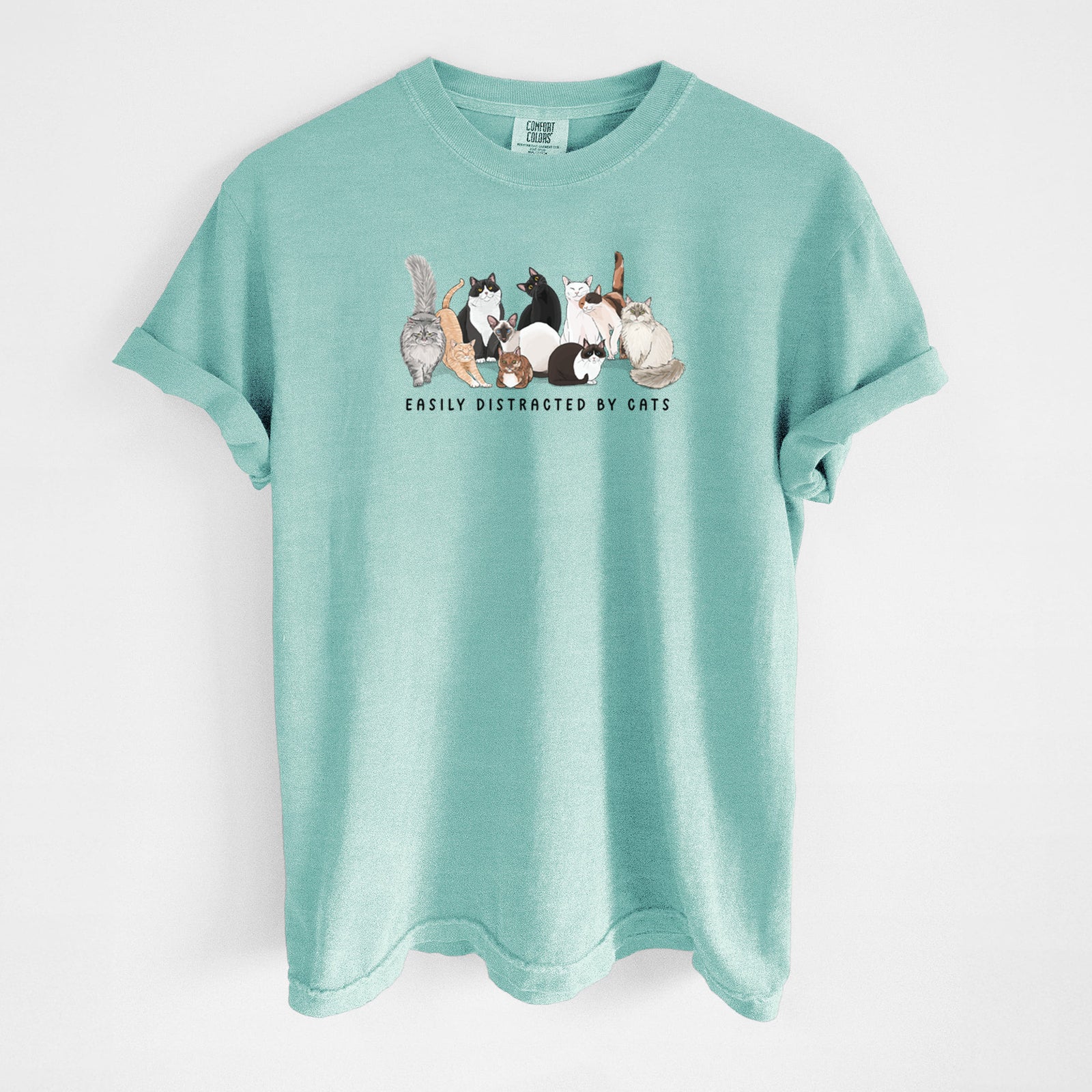 Vibrant Easily Distracted by Cats - Unisex Comfort Colors Garment-Dyed Heavyweight T-shirt in Chalky Mint