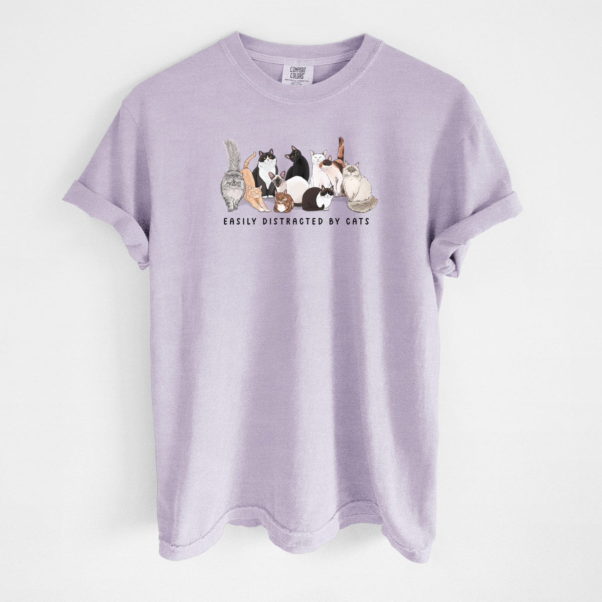 Vibrant Easily Distracted by Cats - Unisex Comfort Colors Garment-Dyed Heavyweight T-shirt in Orchid