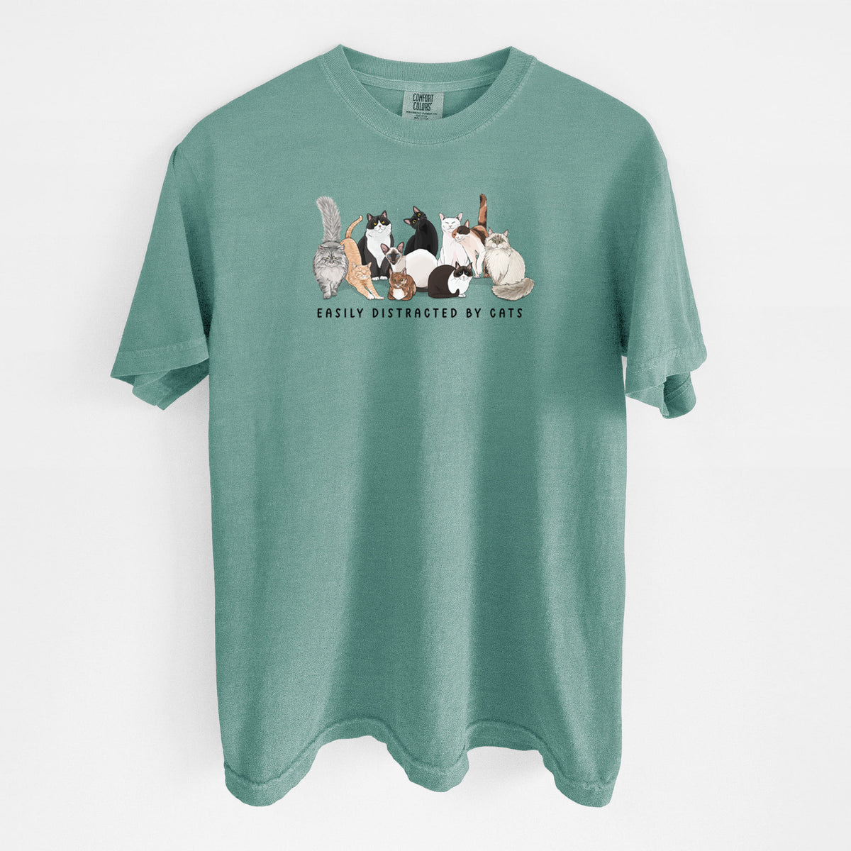 Vibrant Easily Distracted by Cats - Unisex Comfort Colors Garment-Dyed Heavyweight T-shirt in Reef Green