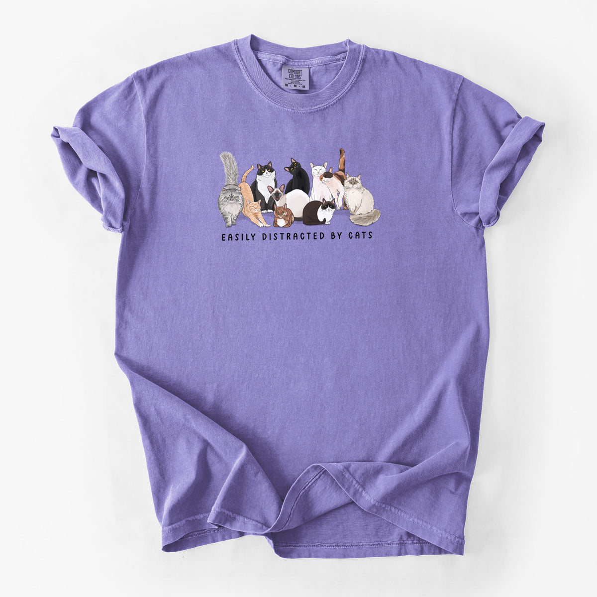 Vibrant Easily Distracted by Cats - Unisex Comfort Colors Garment-Dyed Heavyweight T-shirt in Violet