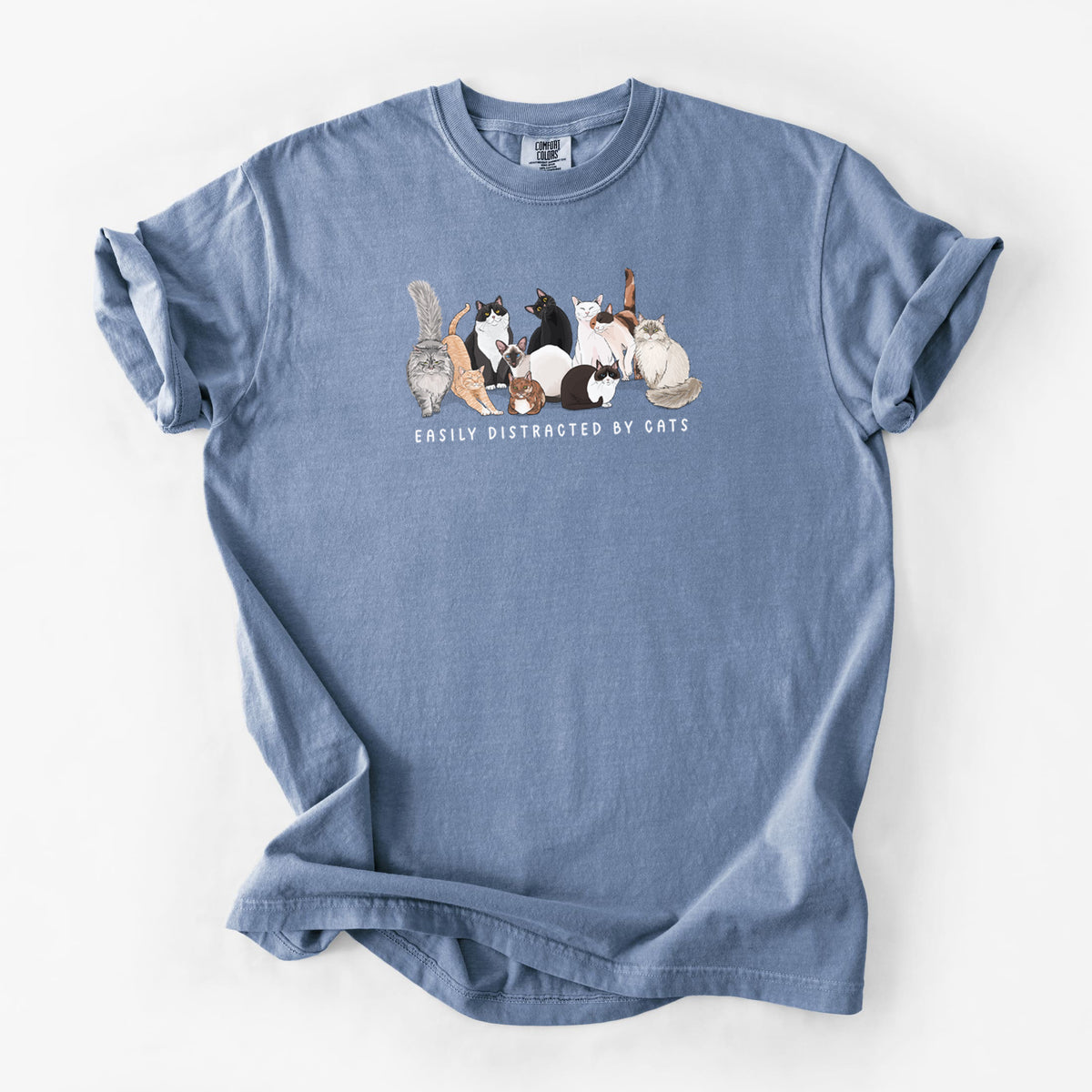 Vibrant Easily Distracted by Cats - Unisex Comfort Colors Garment-Dyed Heavyweight T-shirt in Blue Jean