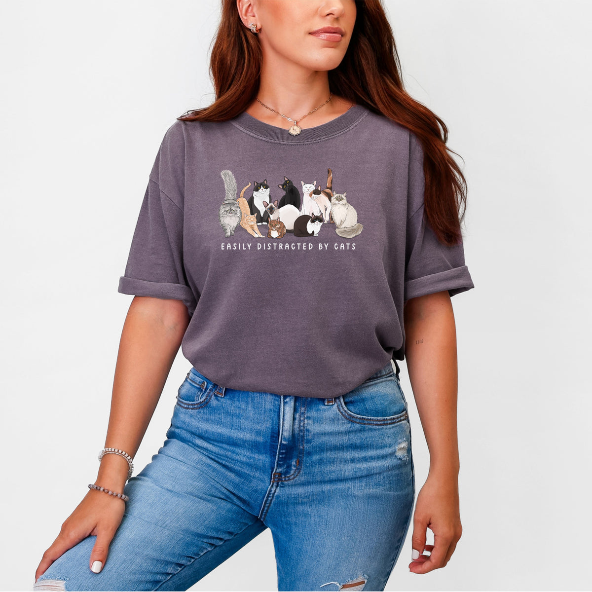Vibrant Easily Distracted by Cats - Unisex Comfort Colors Garment-Dyed Heavyweight T-shirt, worn by model