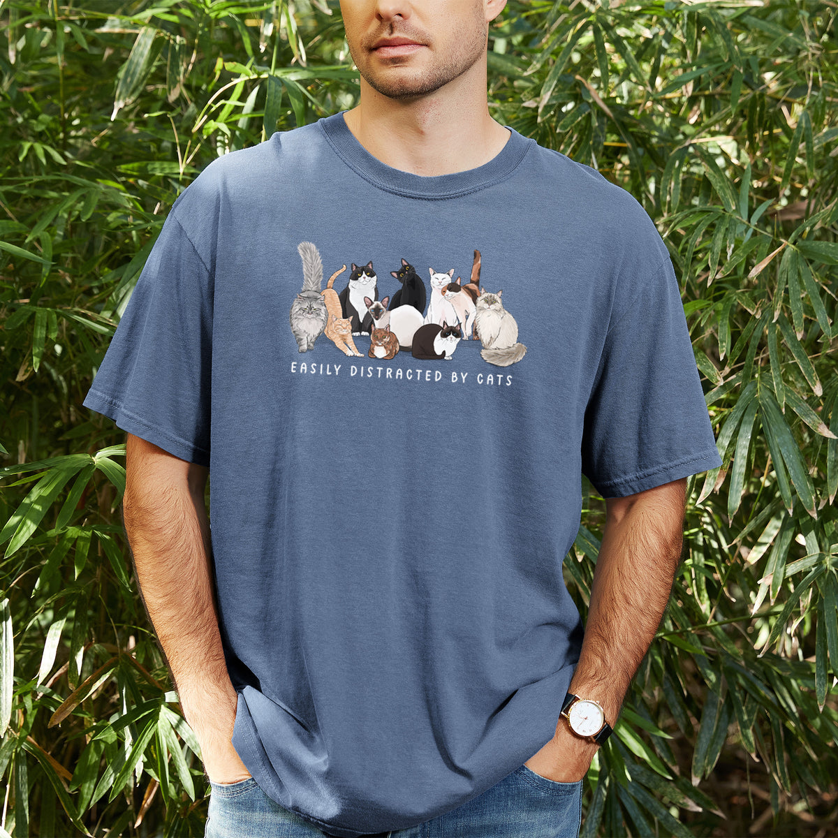 Vibrant Easily Distracted by Cats - Unisex Comfort Colors Garment-Dyed Heavyweight T-shirt, worn by model