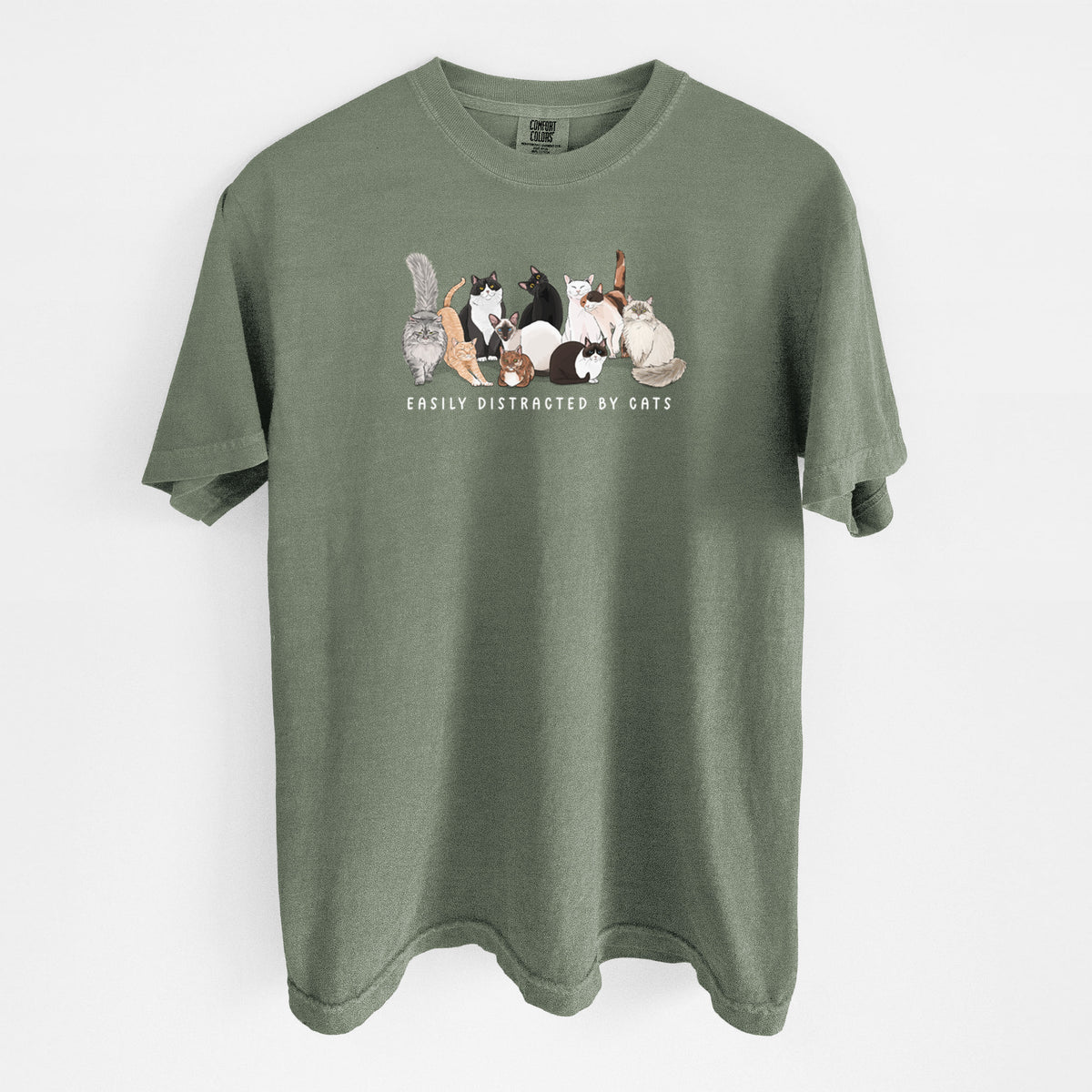 Vibrant Easily Distracted by Cats - Unisex Comfort Colors Garment-Dyed Heavyweight T-shirt in Moss