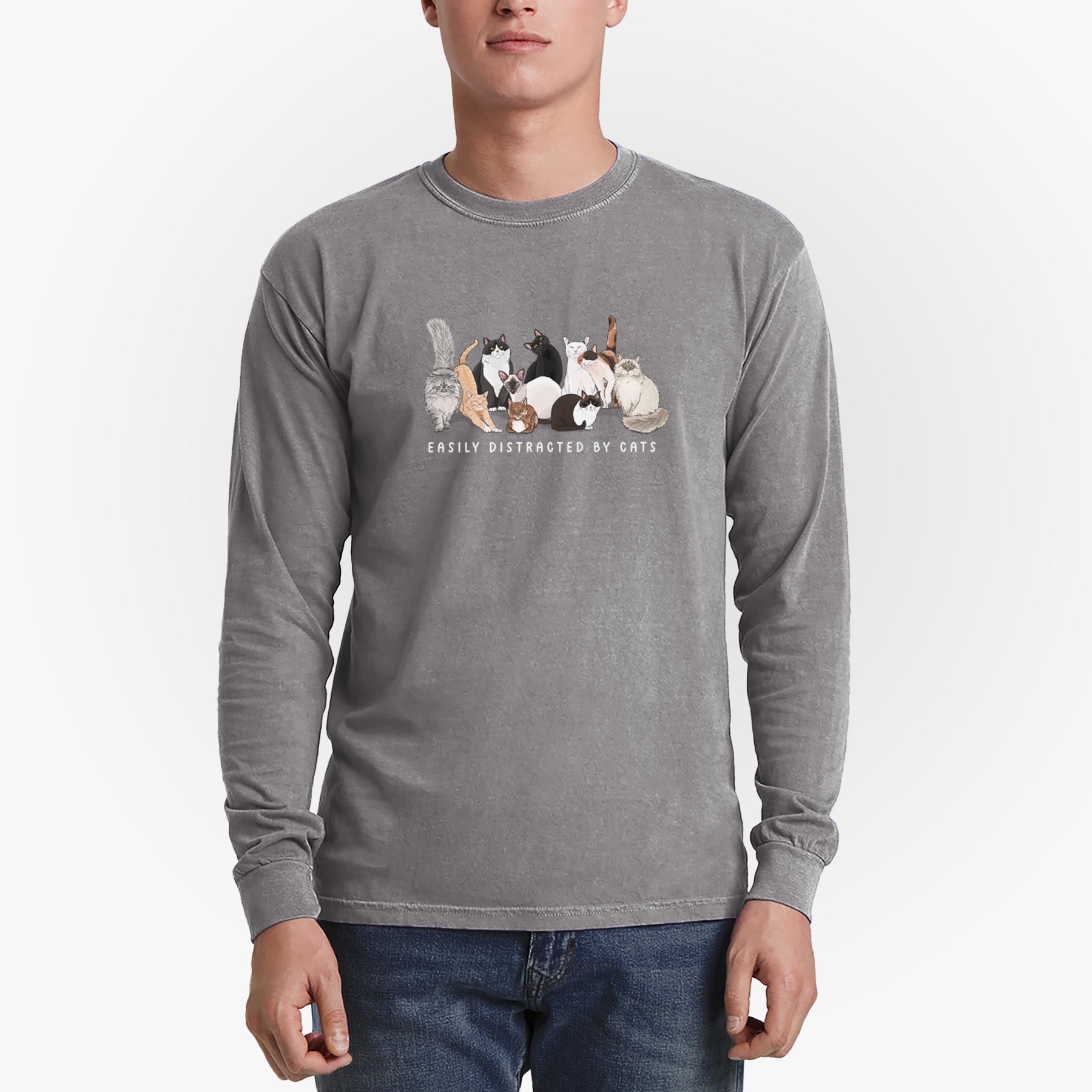 Vibrant Easily Distracted by Cats - Heavyweight 100% Cotton Long Sleeve