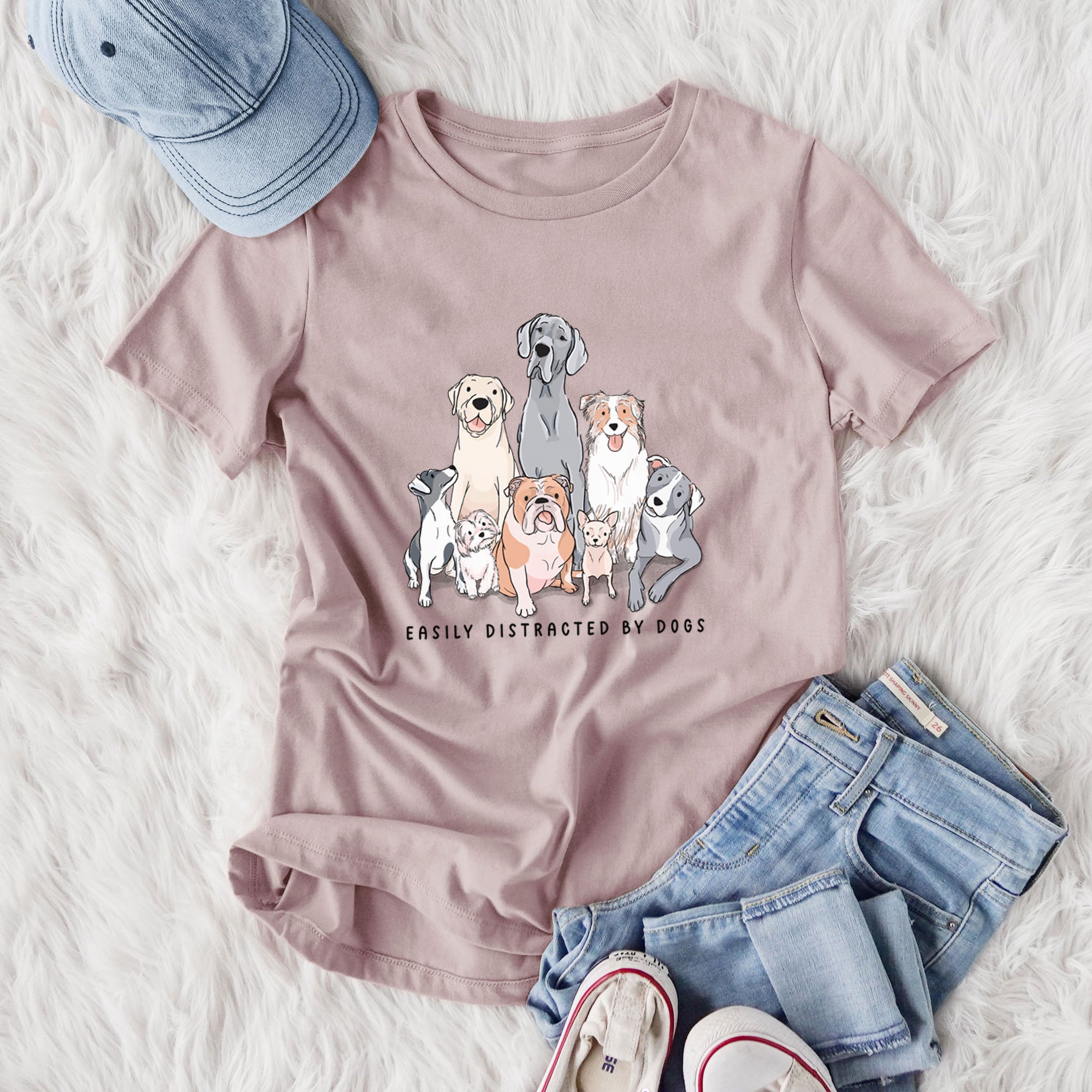 Vibrant Easily Distracted by Dogs - Women's Lightweight Relaxed Fit 100% Cotton Crewneck