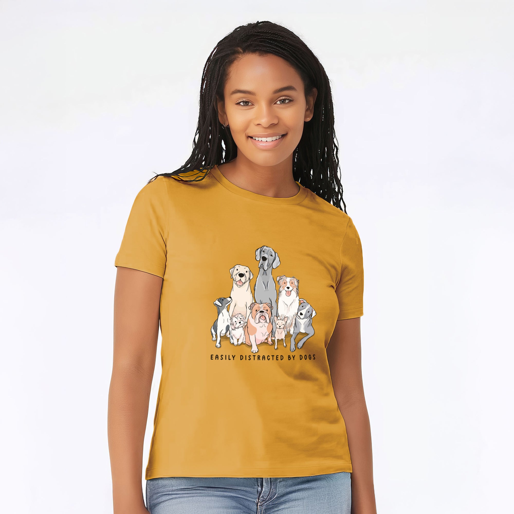 Vibrant Easily Distracted by Dogs - Women's Lightweight Relaxed Fit 100% Cotton Crewneck