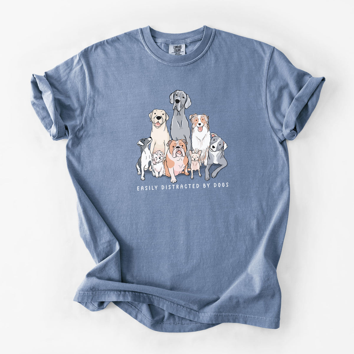 Vibrant Easily Distracted by Dogs - Unisex Comfort Colors Garment-Dyed Heavyweight T-shirt in Blue Jean