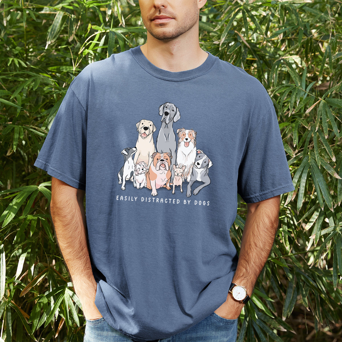 Vibrant Easily Distracted by Dogs - Unisex Comfort Colors Garment-Dyed Heavyweight T-shirt, worn by model