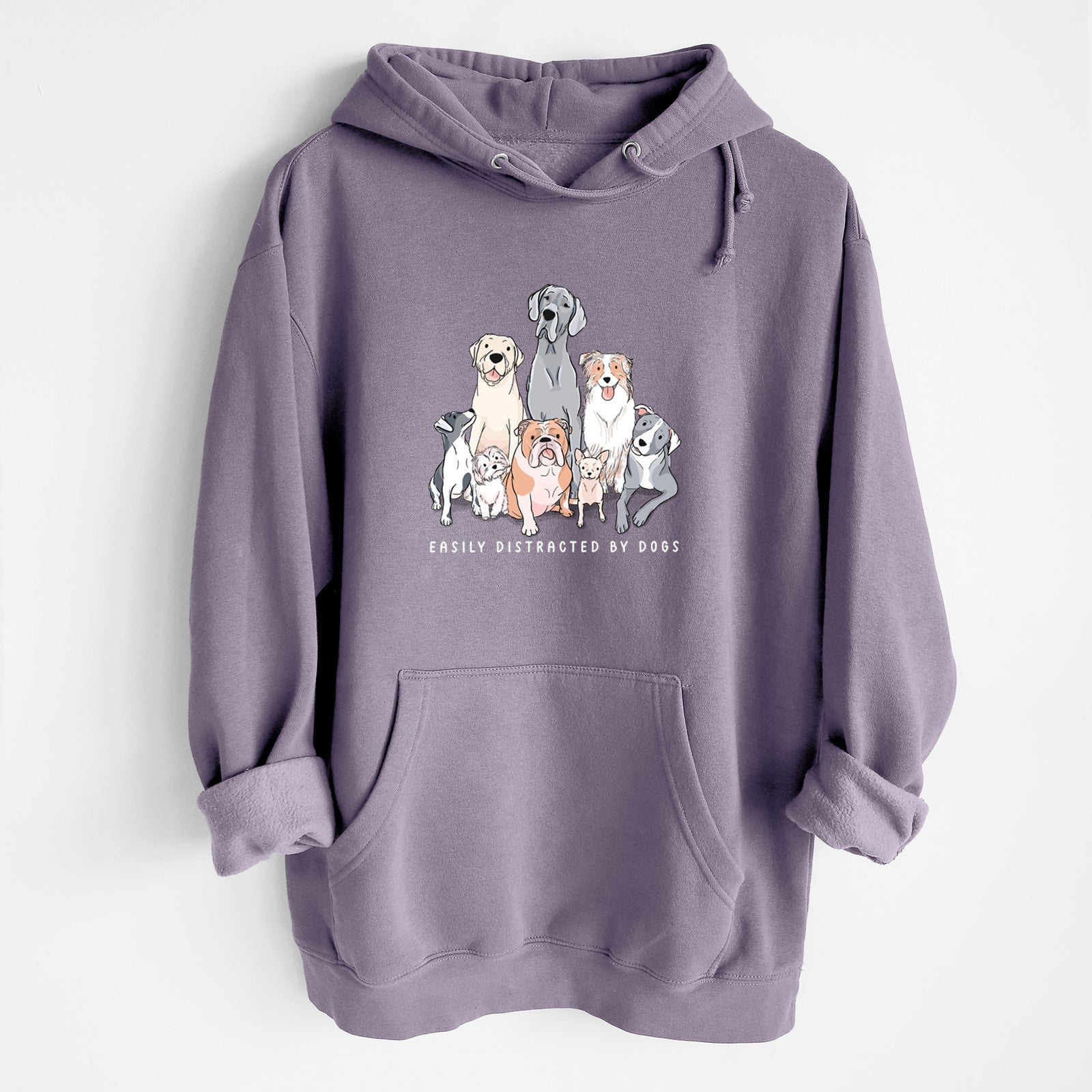 Purple hoodie with a graphic of dogs with easily distracted by dogs text on a white background