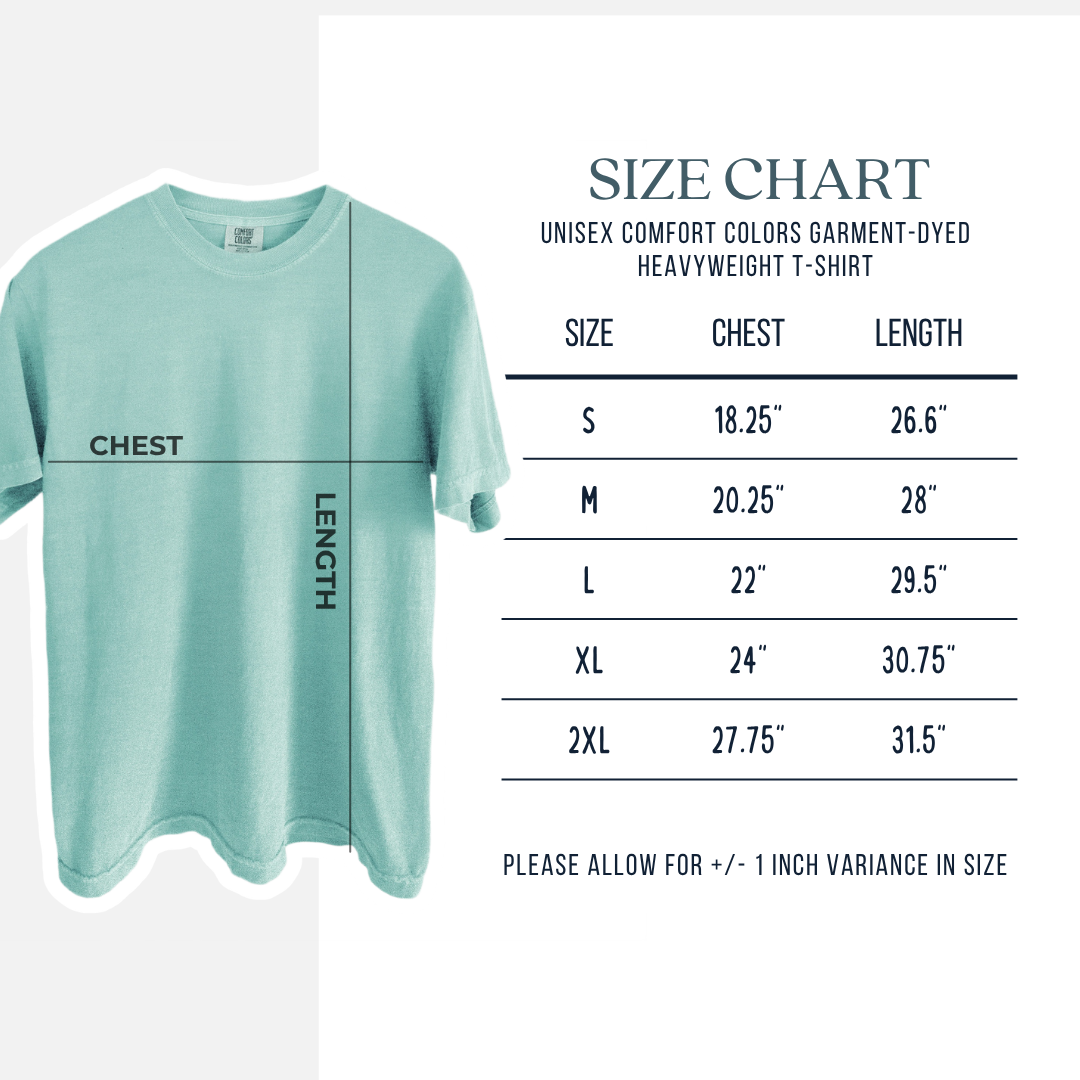 The Velvet Paw – Feline Apothecary - Unisex Comfort Colors Garment-Dyed Heavyweight T-shirt size chart