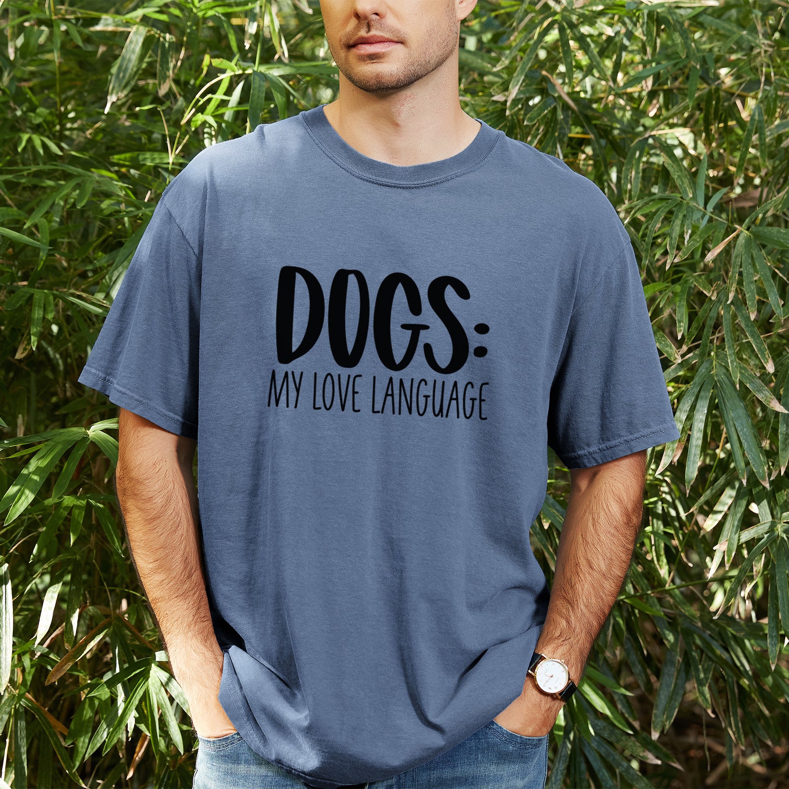 Dogs: My Love Language - Unisex Comfort Colors Garment-Dyed Heavyweight T-shirt, worn by model