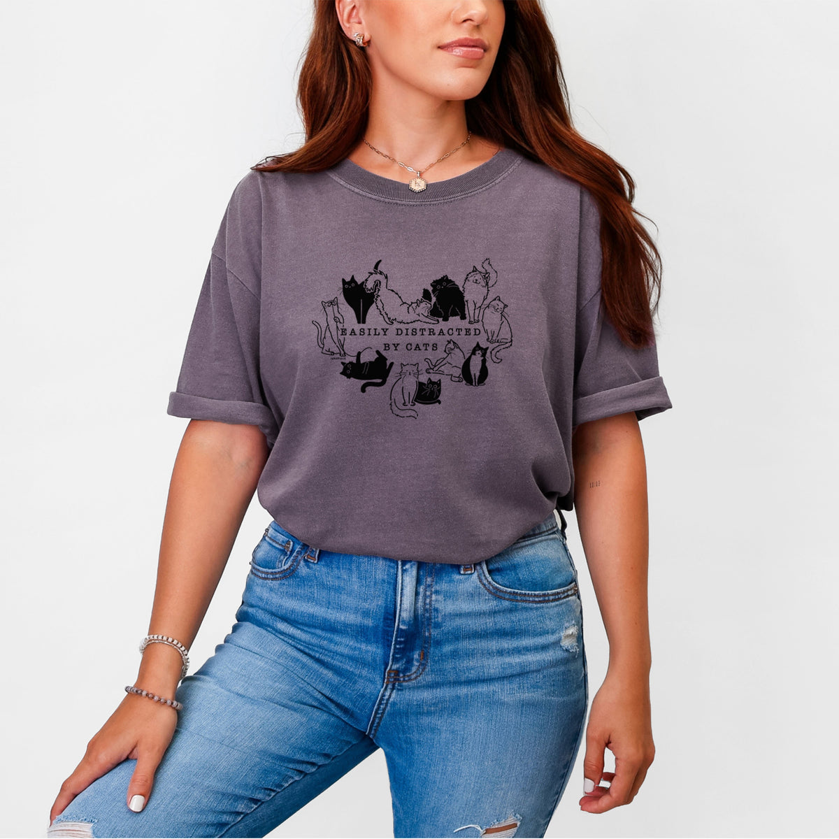 Easily Distracted by Cats - Unisex Comfort Colors Garment-Dyed Heavyweight T-shirt, worn by model