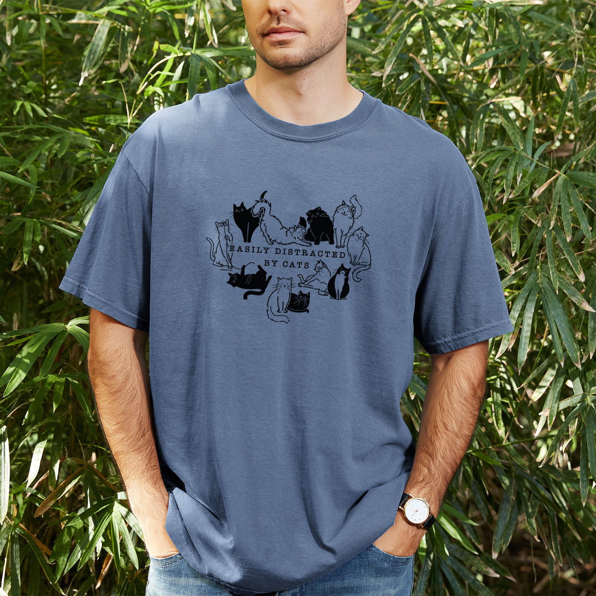 Easily Distracted by Cats - Unisex Comfort Colors Garment-Dyed Heavyweight T-shirt, worn by model