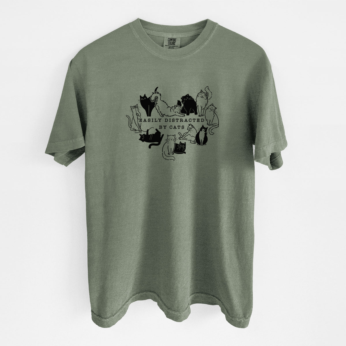 Easily Distracted by Cats - Unisex Comfort Colors Garment-Dyed Heavyweight T-shirt in Moss