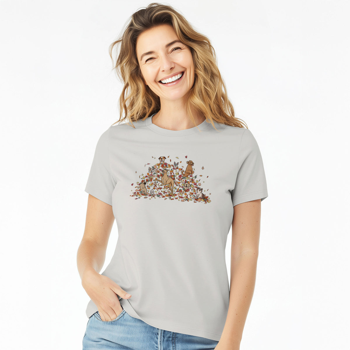 Fall Leaf Pile Pups - Women's Lightweight Relaxed Fit 100% Cotton Crewneck