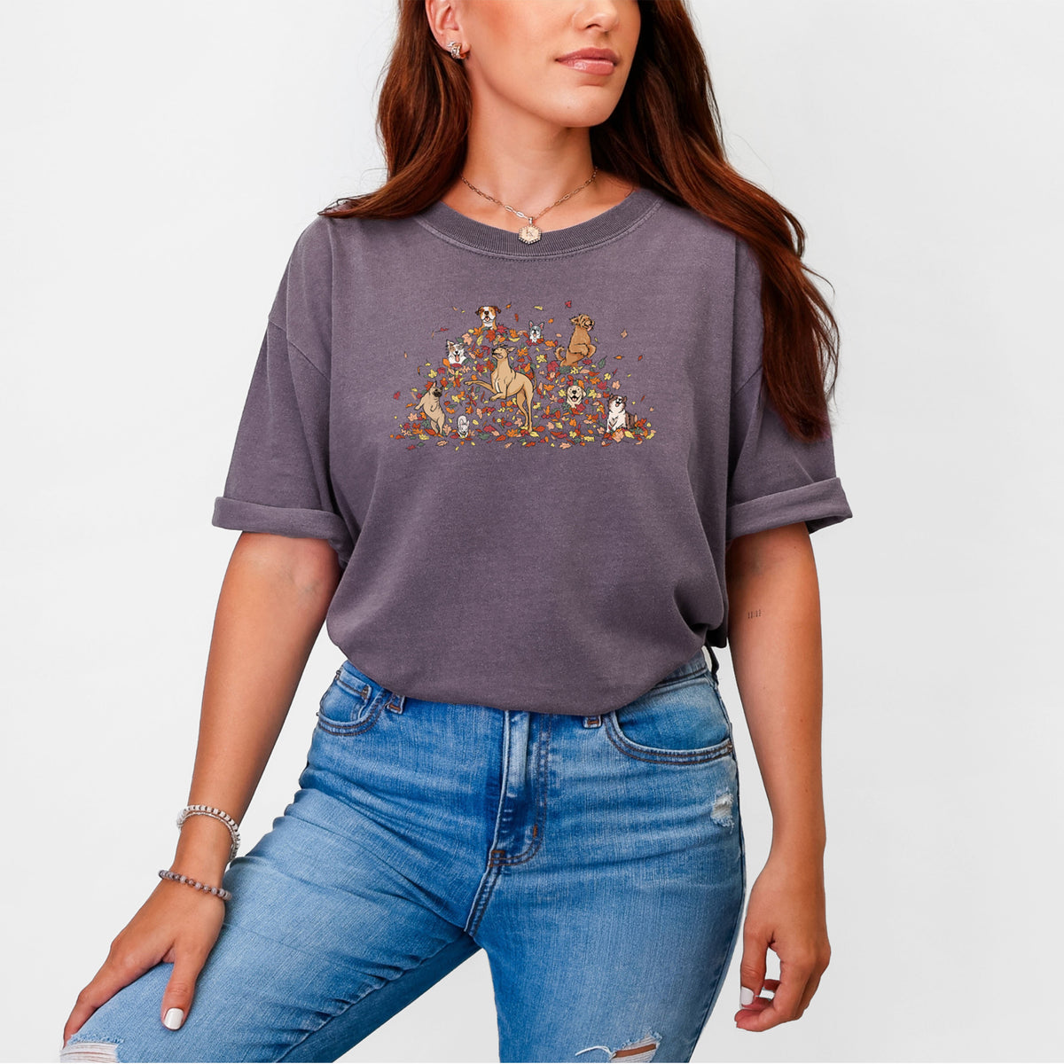 Fall Leaf Pile Pups - Unisex Comfort Colors Garment-Dyed Heavyweight T-shirt, worn by model