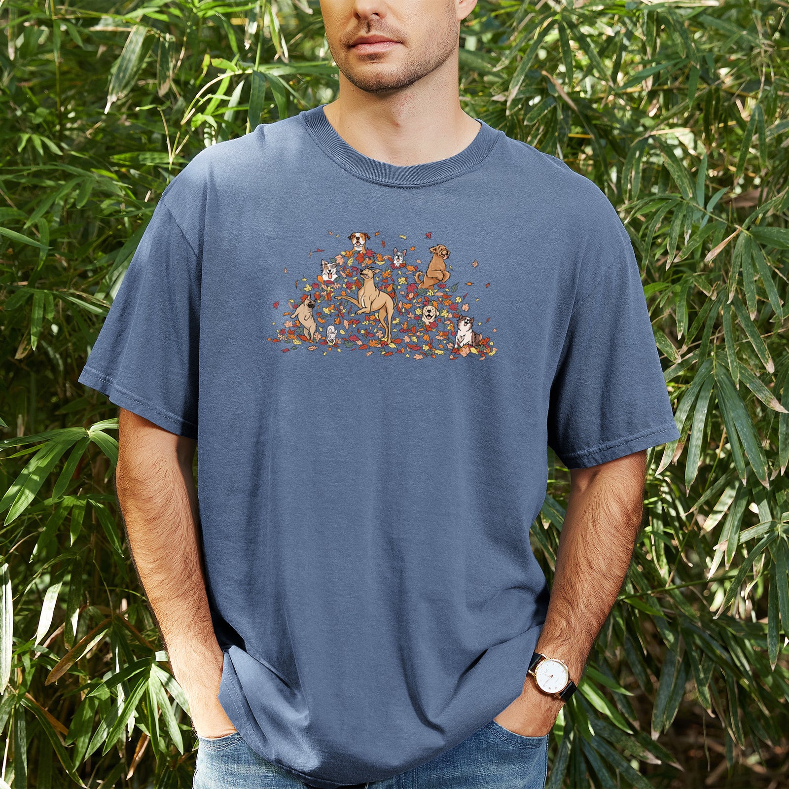 Fall Leaf Pile Pups - Unisex Comfort Colors Garment-Dyed Heavyweight T-shirt, worn by model