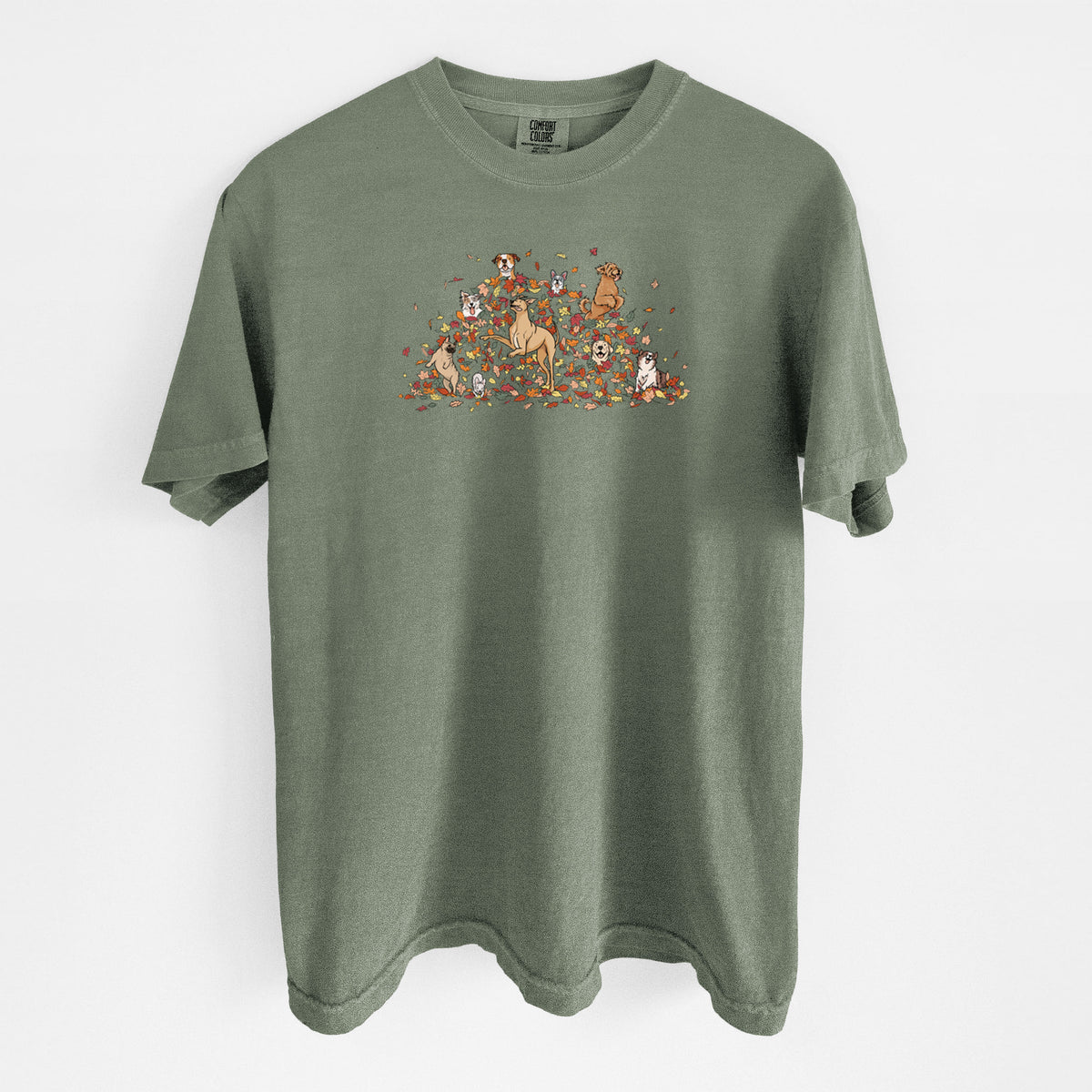 Fall Leaf Pile Pups - Unisex Comfort Colors Garment-Dyed Heavyweight T-shirt in Moss