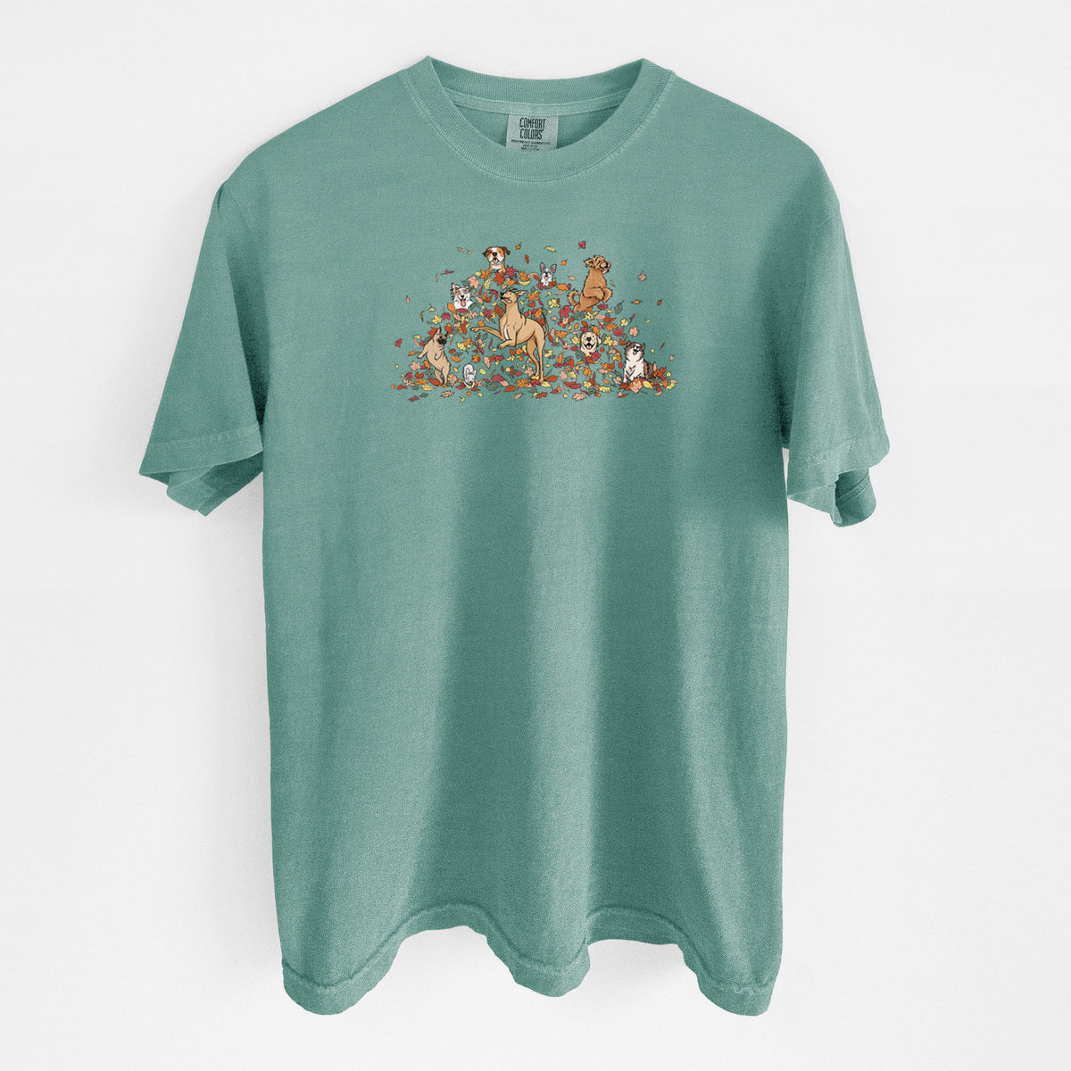 Fall Leaf Pile Pups - Unisex Comfort Colors Garment-Dyed Heavyweight T-shirt in Reef Green