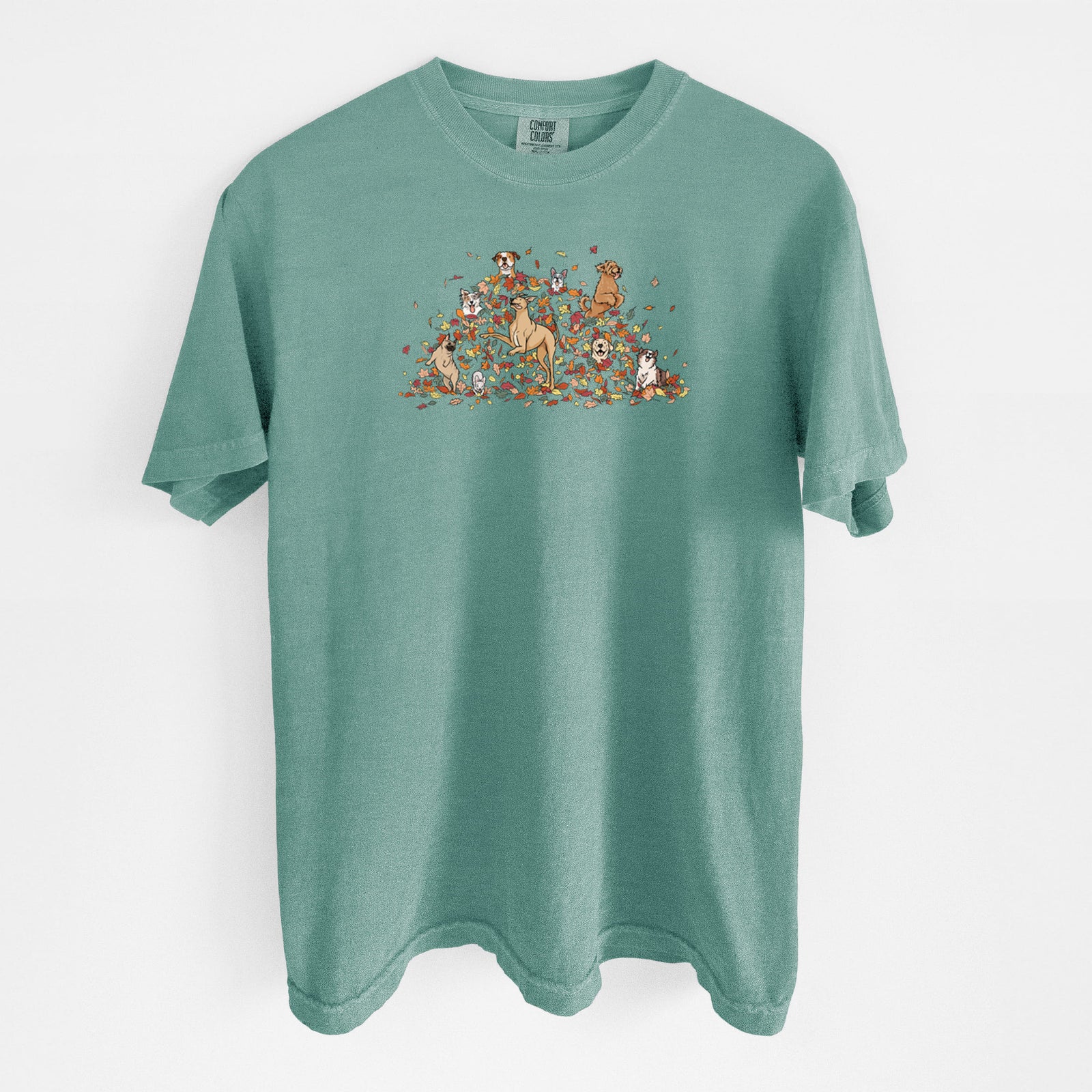 Fall Leaf Pile Pups - Unisex Comfort Colors Garment-Dyed Heavyweight T-shirt in Reef Green