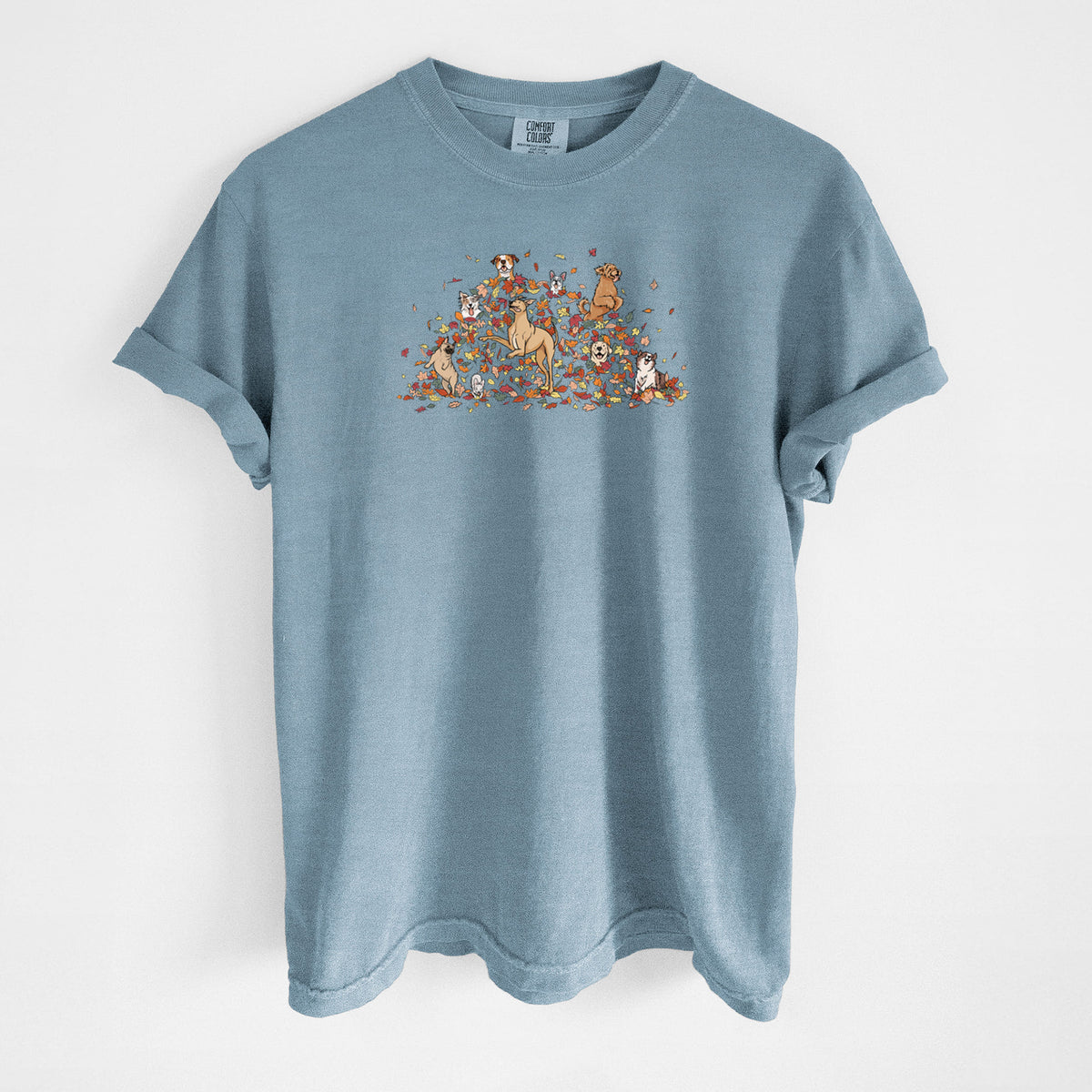 Fall Leaf Pile Pups - Unisex Comfort Colors Garment-Dyed Heavyweight T-shirt in Steel Blue