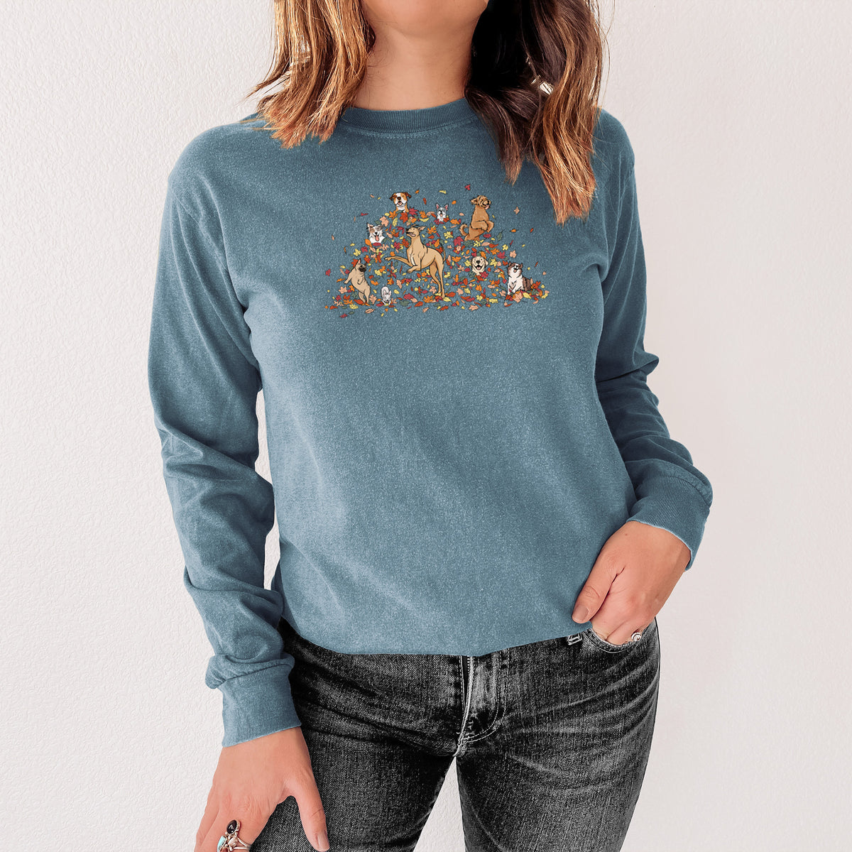Fall Leaf Pile Pups - Heavyweight 100% Cotton Long Sleeve