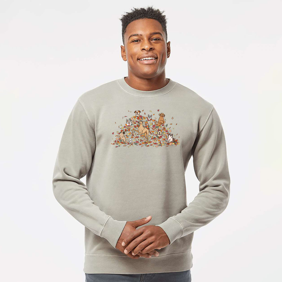 Fall Leaf Pile Pups - Unisex Pigment Dyed Crew Sweatshirt