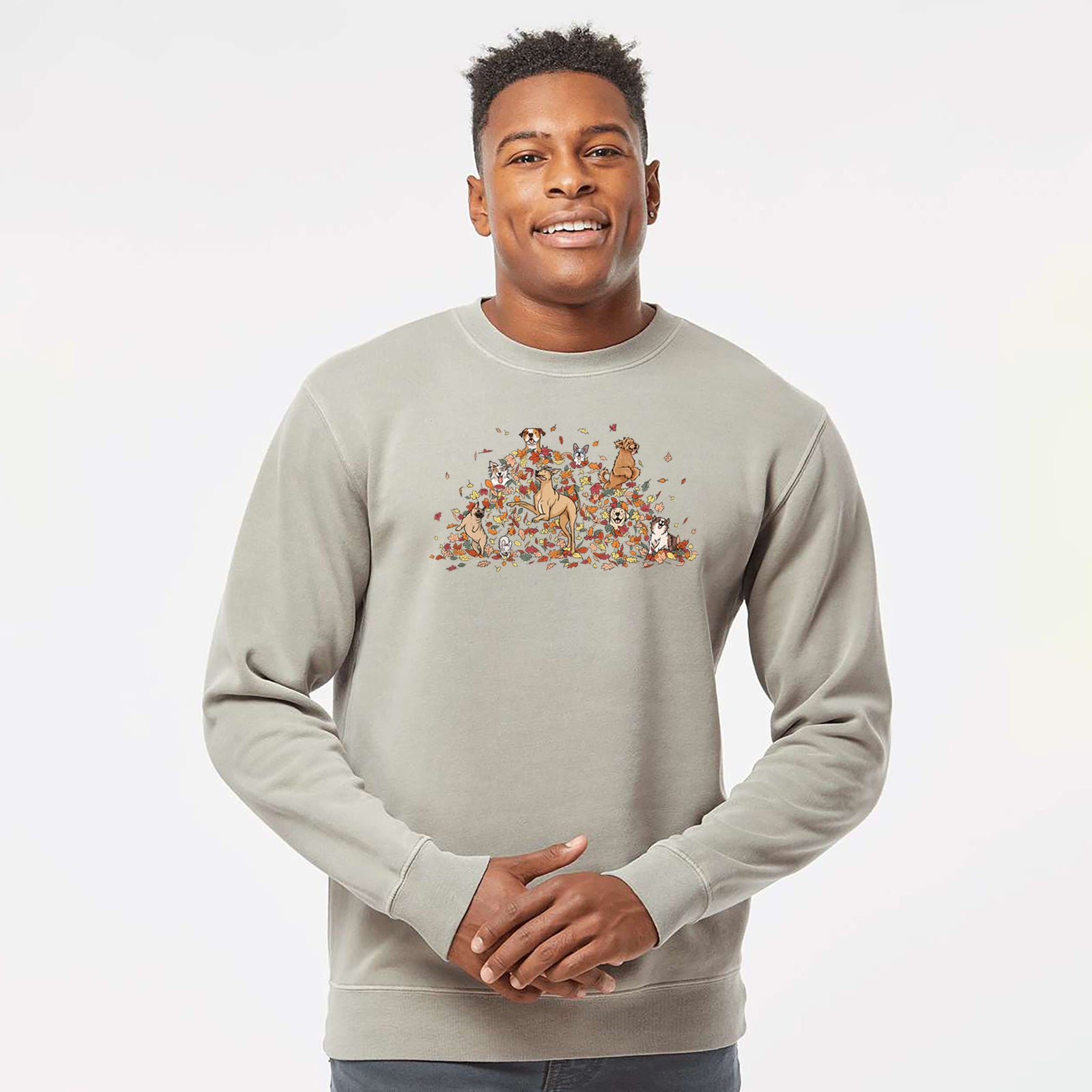 Fall Leaf Pile Pups - Unisex Pigment Dyed Crew Sweatshirt