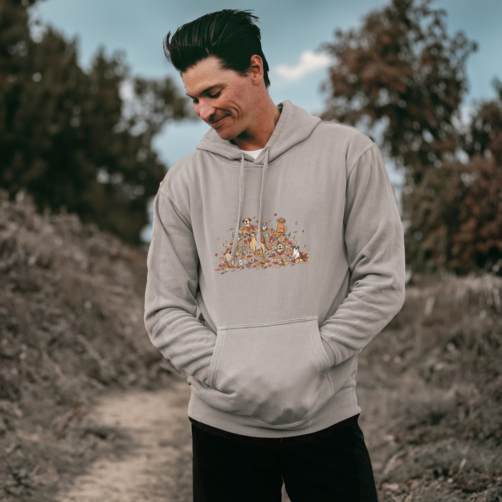 Fall Leaf Pile Pups - Unisex Pigment Dyed Hoodie