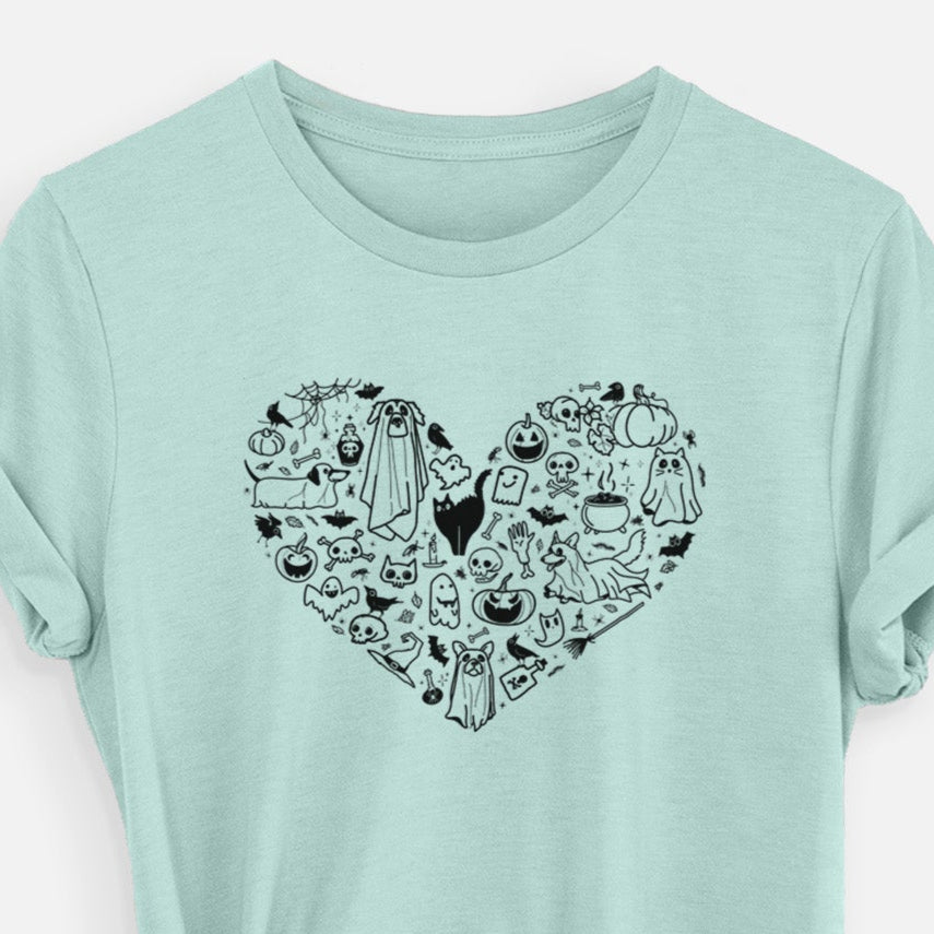 Mint green t-shirt with black heart-shaped graphic on a white background