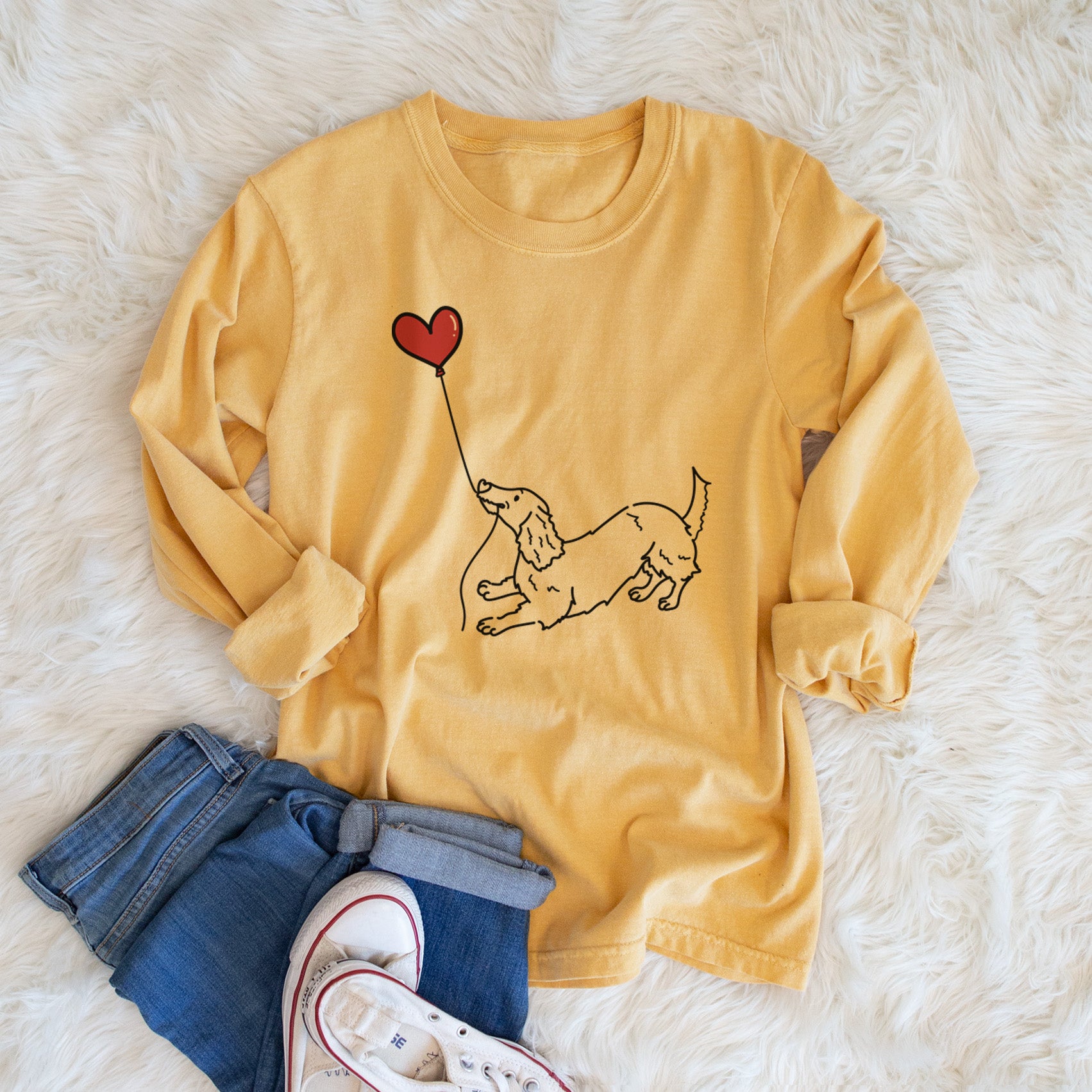 Long Haired Dachshund Heart String - Men's Heavyweight 100% Cotton Long Sleeve