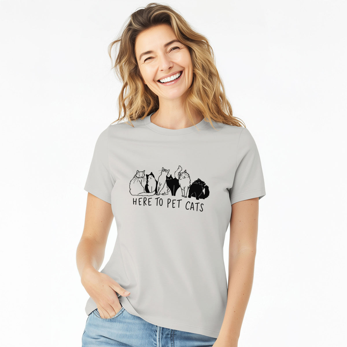 Here to Pet Cats - Women's Lightweight Relaxed Fit 100% Cotton Crewneck
