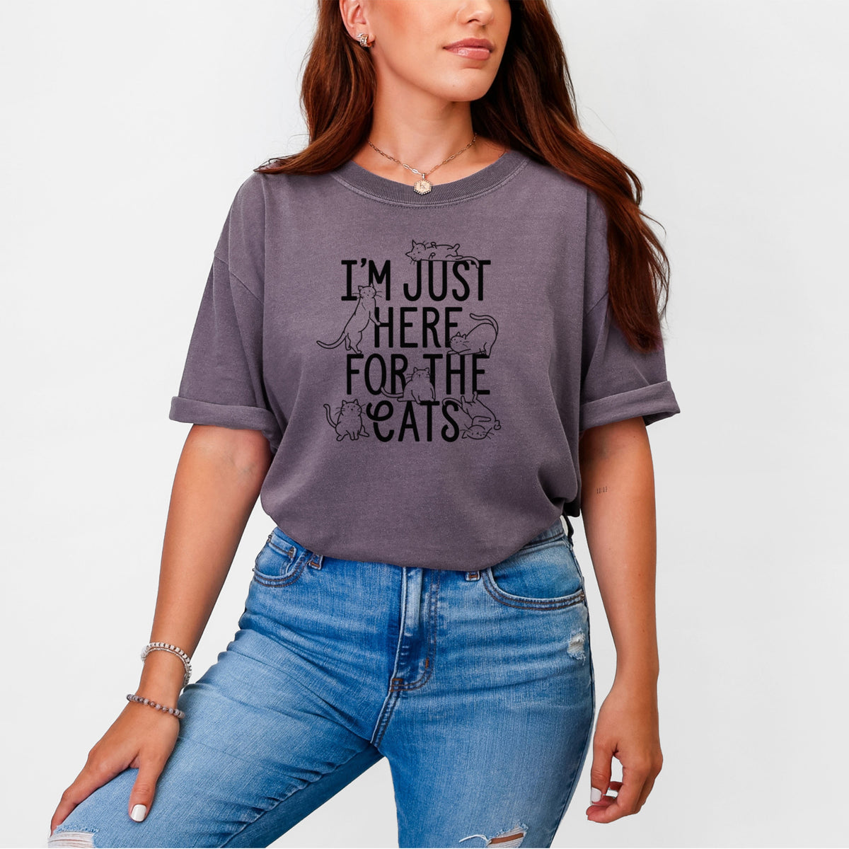 I'm Just Here For The Cats - Unisex Comfort Colors Garment-Dyed Heavyweight T-shirt, worn by model