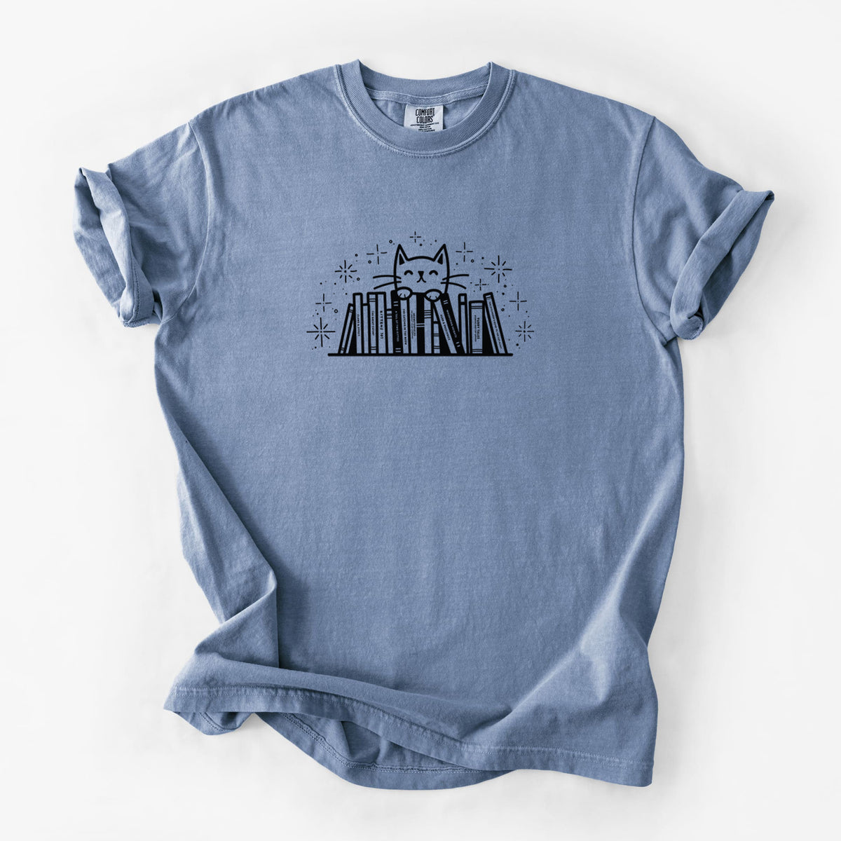 Kitty Library - Feline Behind Books - Unisex Comfort Colors Garment-Dyed Heavyweight T-shirt in Blue Jean
