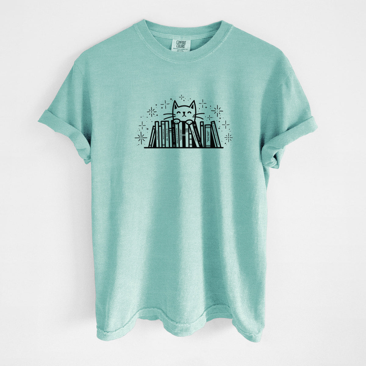 Kitty Library - Feline Behind Books - Unisex Comfort Colors Garment-Dyed Heavyweight T-shirt in Chalky Mint