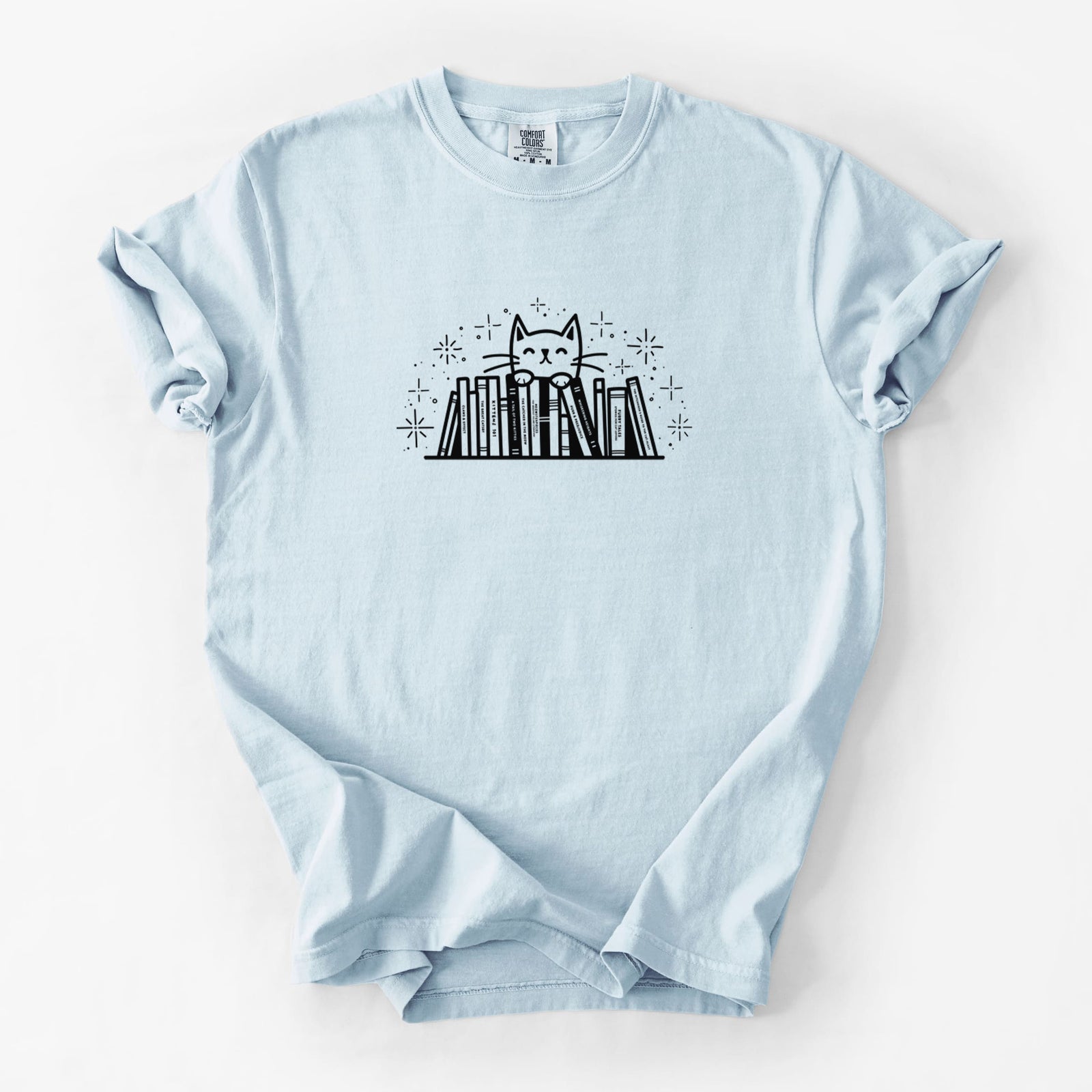 Kitty Library - Feline Behind Books - Unisex Comfort Colors Garment-Dyed Heavyweight T-shirt in Chambray