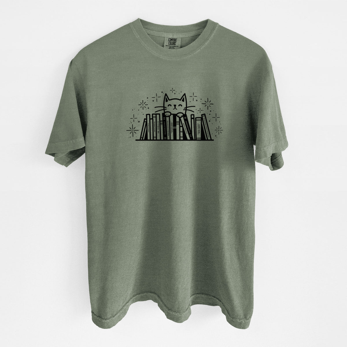 Kitty Library - Feline Behind Books - Unisex Comfort Colors Garment-Dyed Heavyweight T-shirt in Moss
