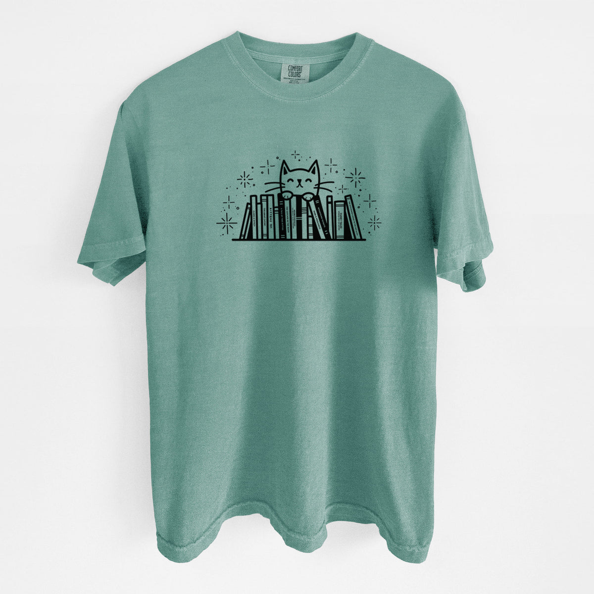 Kitty Library - Feline Behind Books - Unisex Comfort Colors Garment-Dyed Heavyweight T-shirt in Reef Green