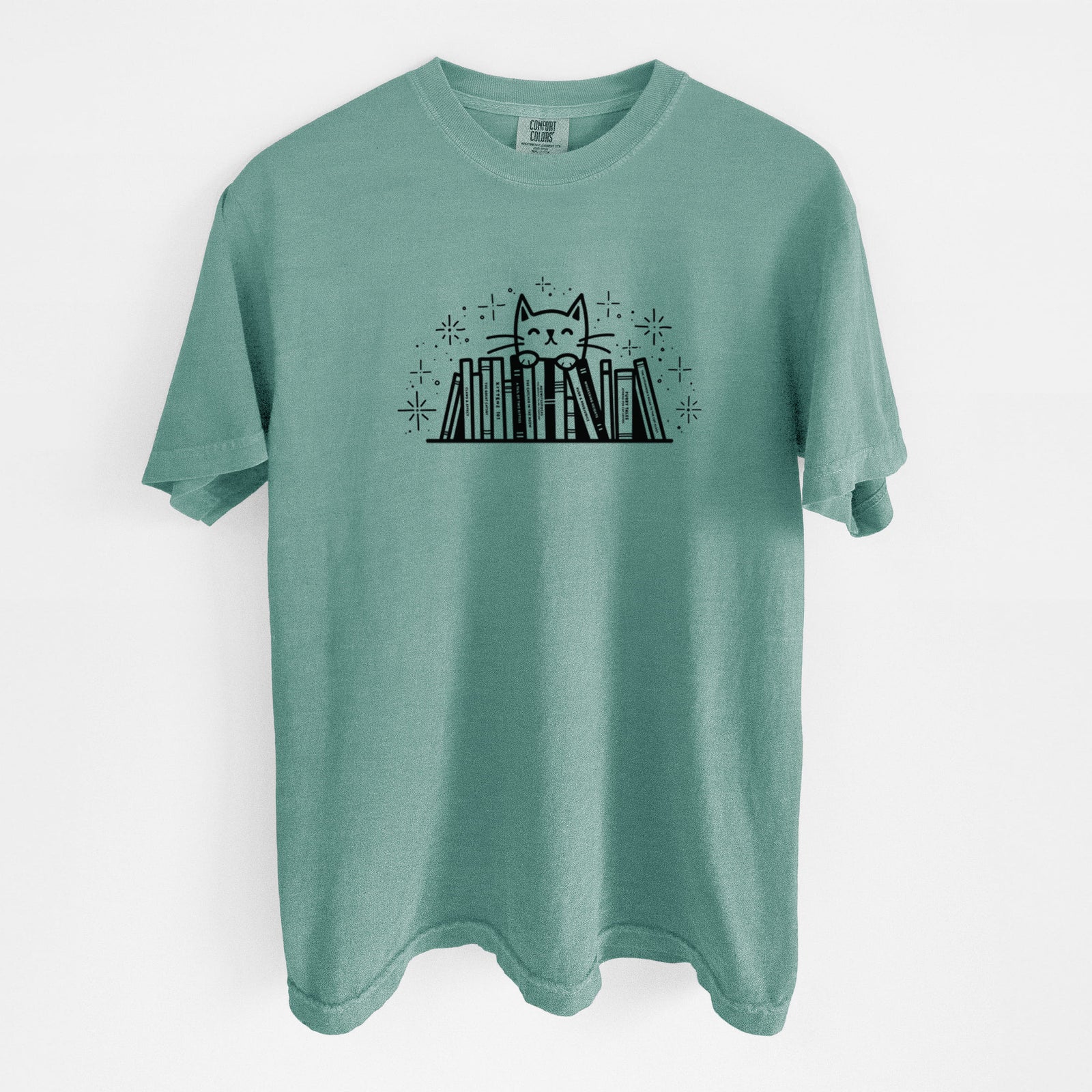 Kitty Library - Feline Behind Books - Unisex Comfort Colors Garment-Dyed Heavyweight T-shirt in Reef Green