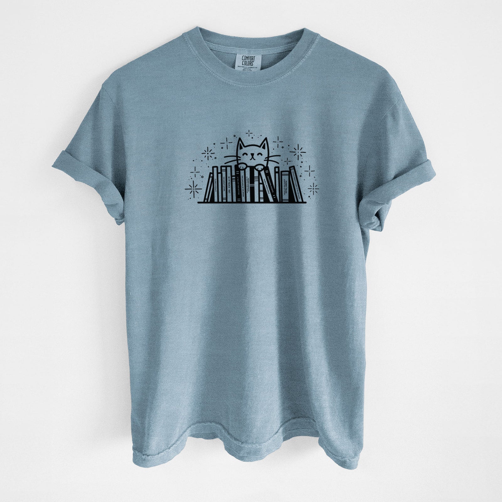 Kitty Library - Feline Behind Books - Unisex Comfort Colors Garment-Dyed Heavyweight T-shirt in Steel Blue
