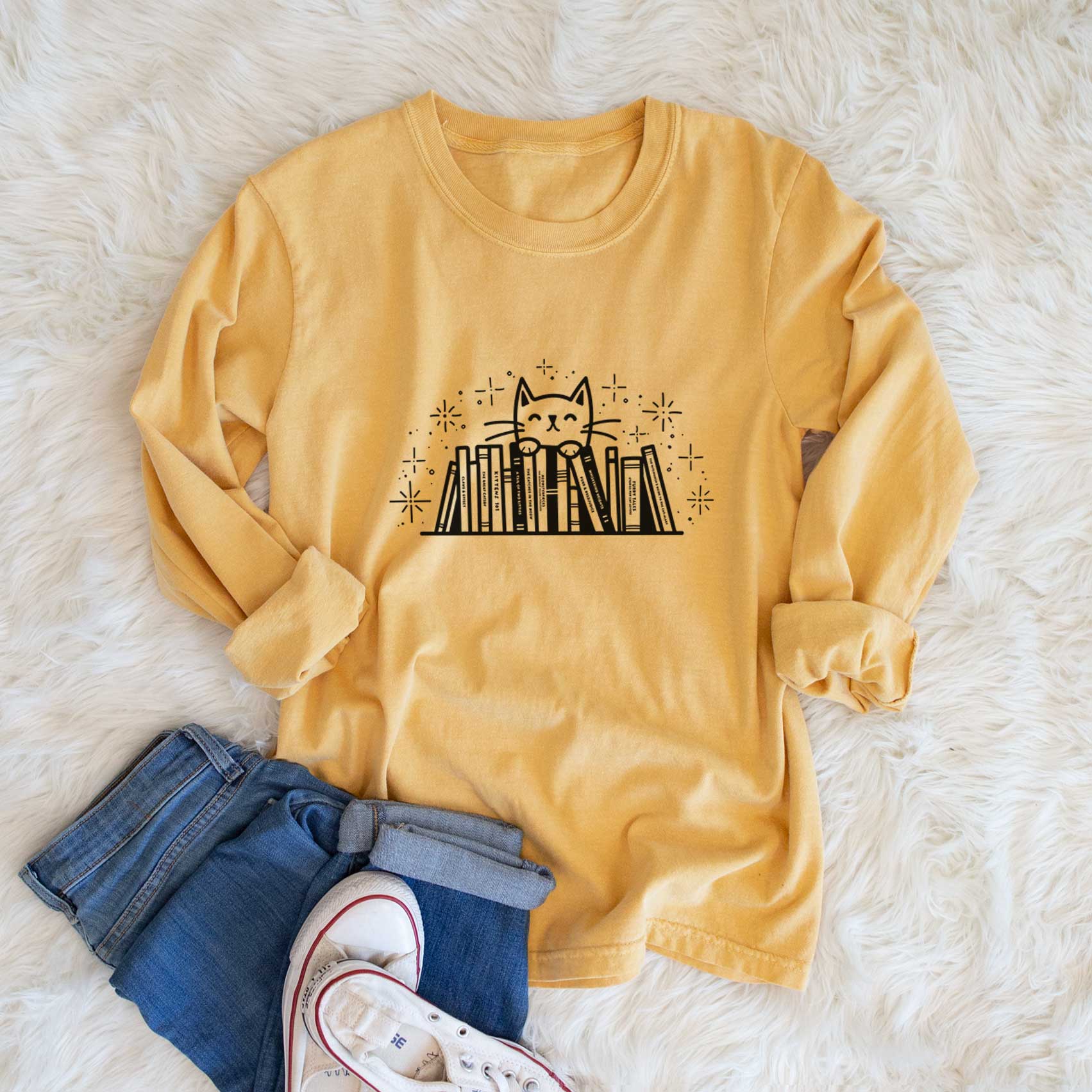 Kitty Library - Feline Behind Books - Men's Heavyweight 100% Cotton Long Sleeve