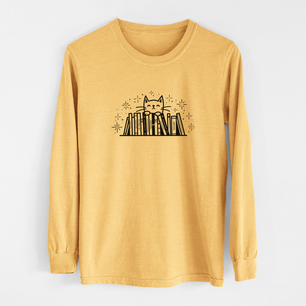 Kitty Library - Feline Behind Books - Men&#39;s Heavyweight 100% Cotton Long Sleeve