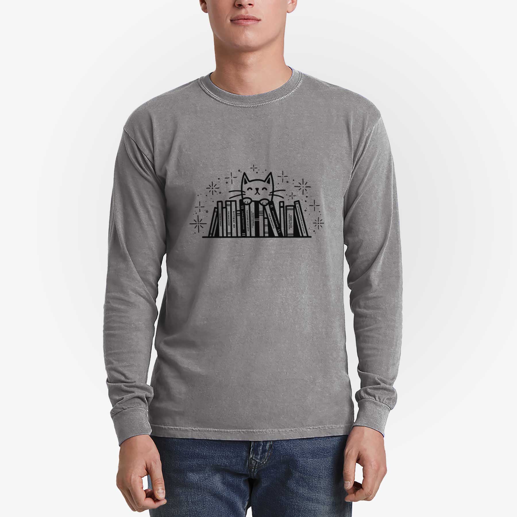 Kitty Library - Feline Behind Books - Men's Heavyweight 100% Cotton Long Sleeve